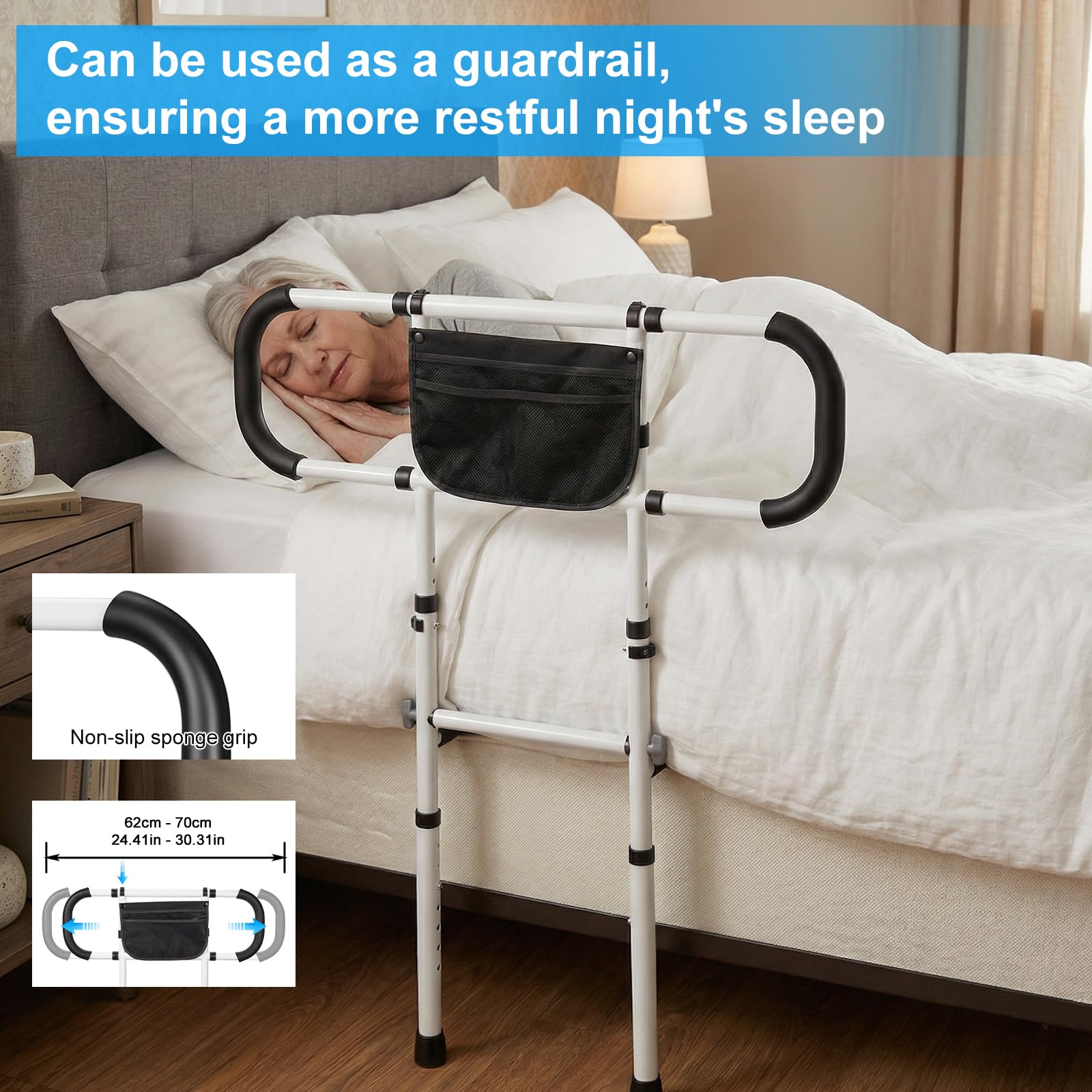 Sponda letto Anziani, Sponde per Letto Anziani y Disabili Stabili e Fermi, Portatile Barriera Letta con Borsa Portaoggetti è Facile da Installare e Adatto a Varie Letta, Grande