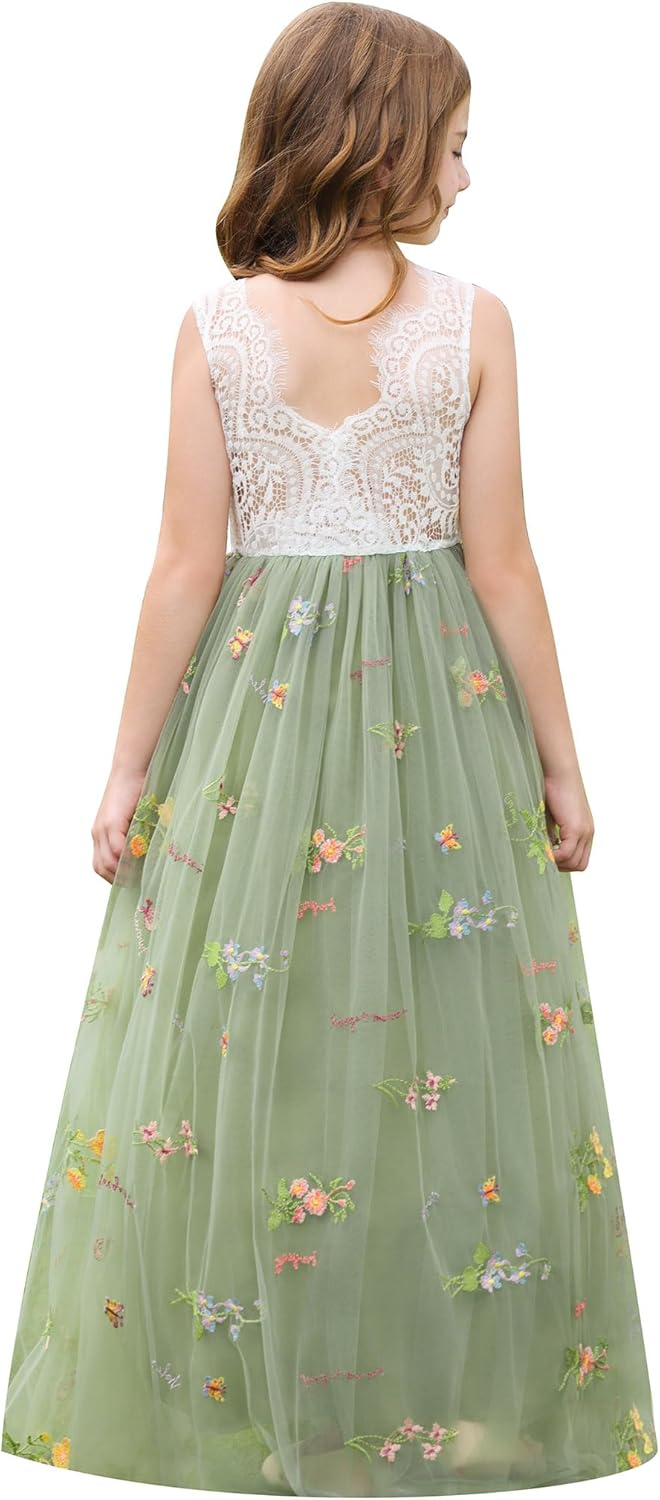 IBTOM CASTLE Flower Girl Dress Boho Sleeveless/Long Sleeve Lace Back Tulle Long Dresses Formal Birthday Pageant Ball Gown