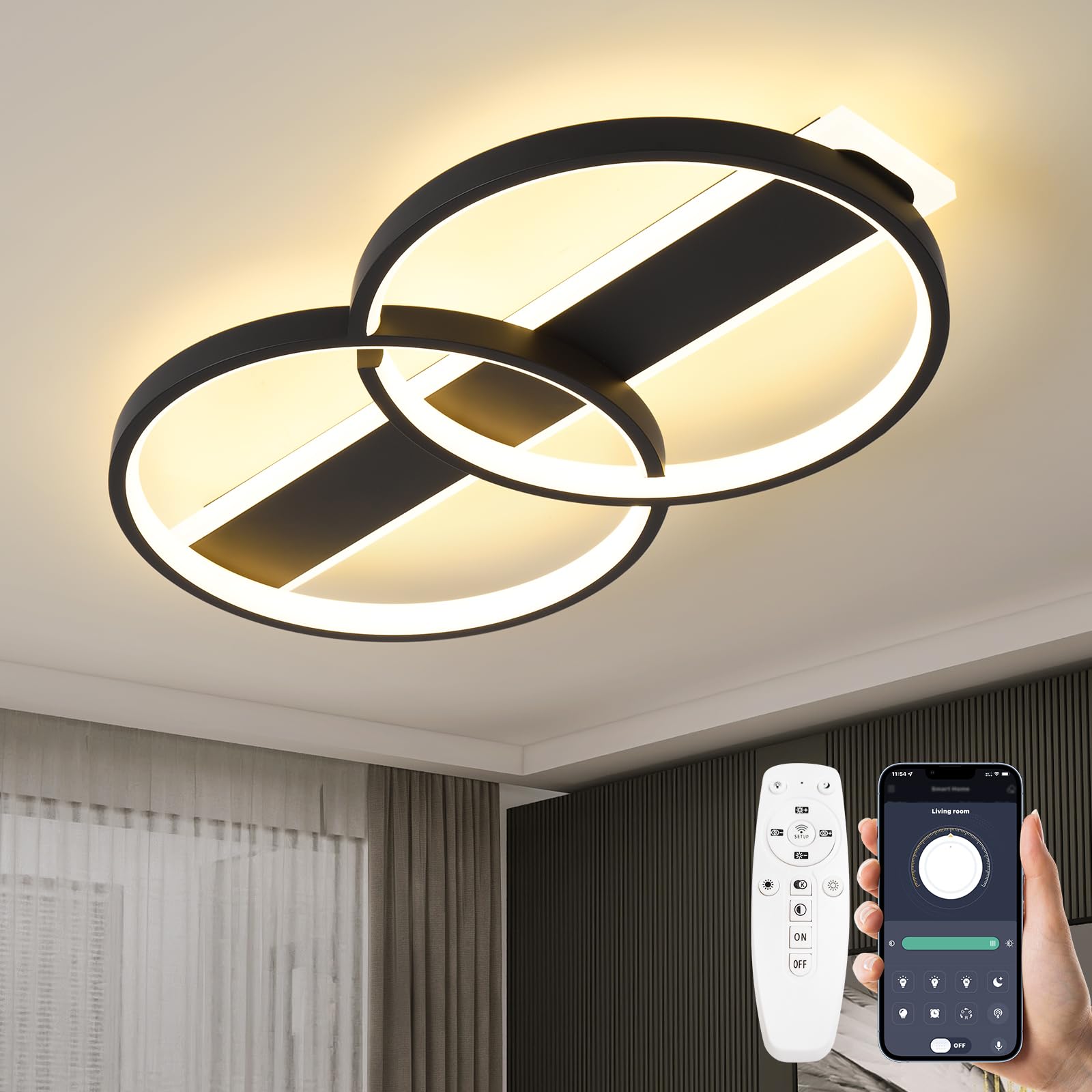 MYCUL LED Deckenleuchte Dimmbar mit Fernbedienung,2 Ringen Rund,Schwarz | 32W Modern Deckenlampe Wohnzimmerlampe,Schlafzimmerlampe 3000K-6000K Küchenlampe,Deckenbeleuchtung für Esszimmer