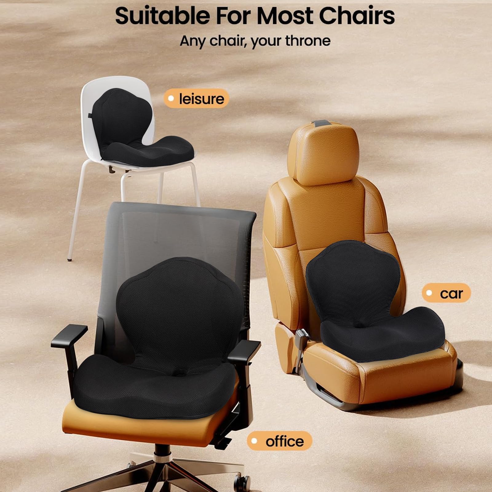 GOFORIT Cuscino per sedile e schienale 2 in 1 - Set ergonomico in memory foam a doppio strato, supporto lombare per sedia da ufficio e sedile auto, comfort per il coccige, antiscivolo e lavabile