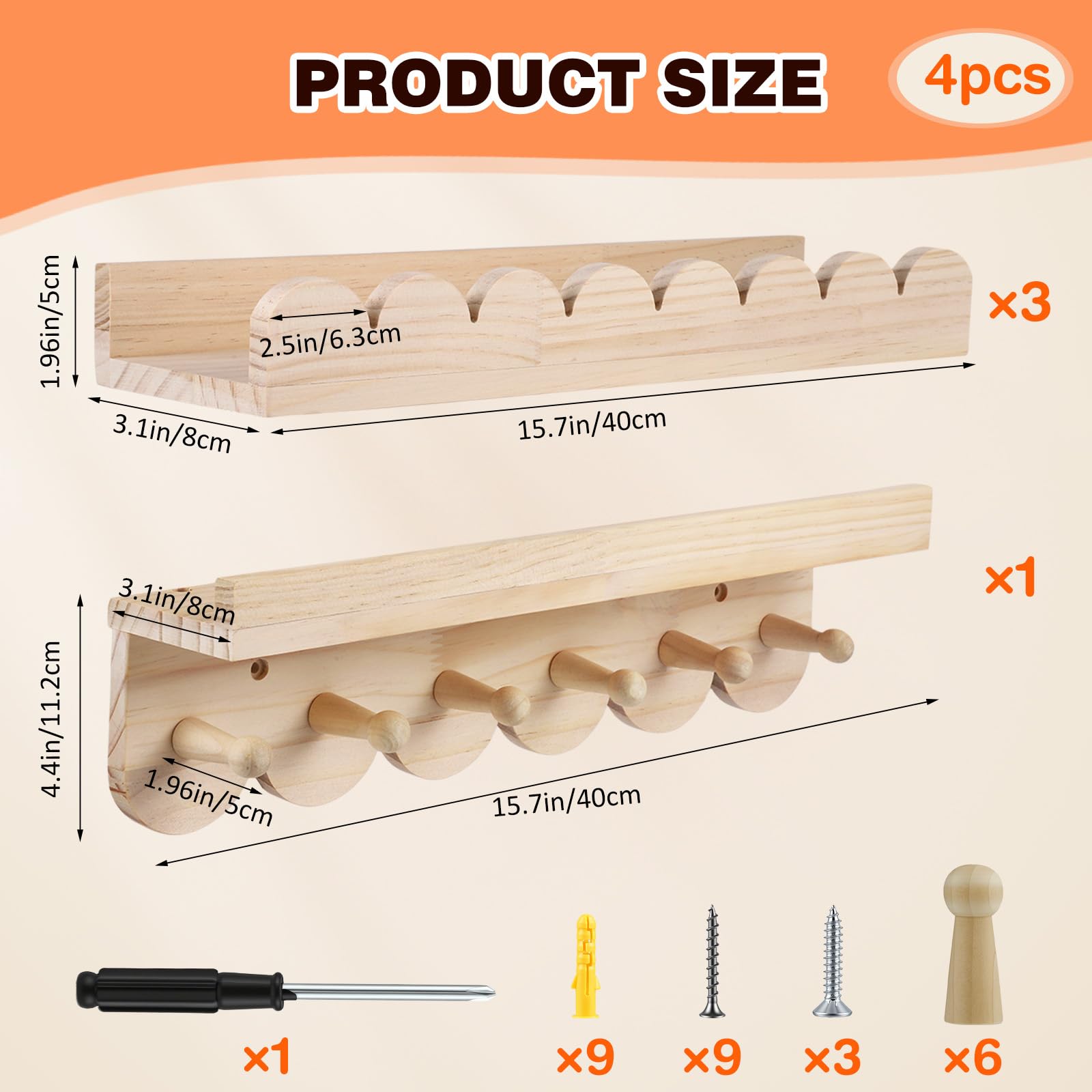 Juego de 4 estantes de pared de madera maciza para niños - Estantería con 6 ganchos para libros y juguetes - Estantería Montessori de 40 cm - Estantería flotante con curvas para niños y niñas