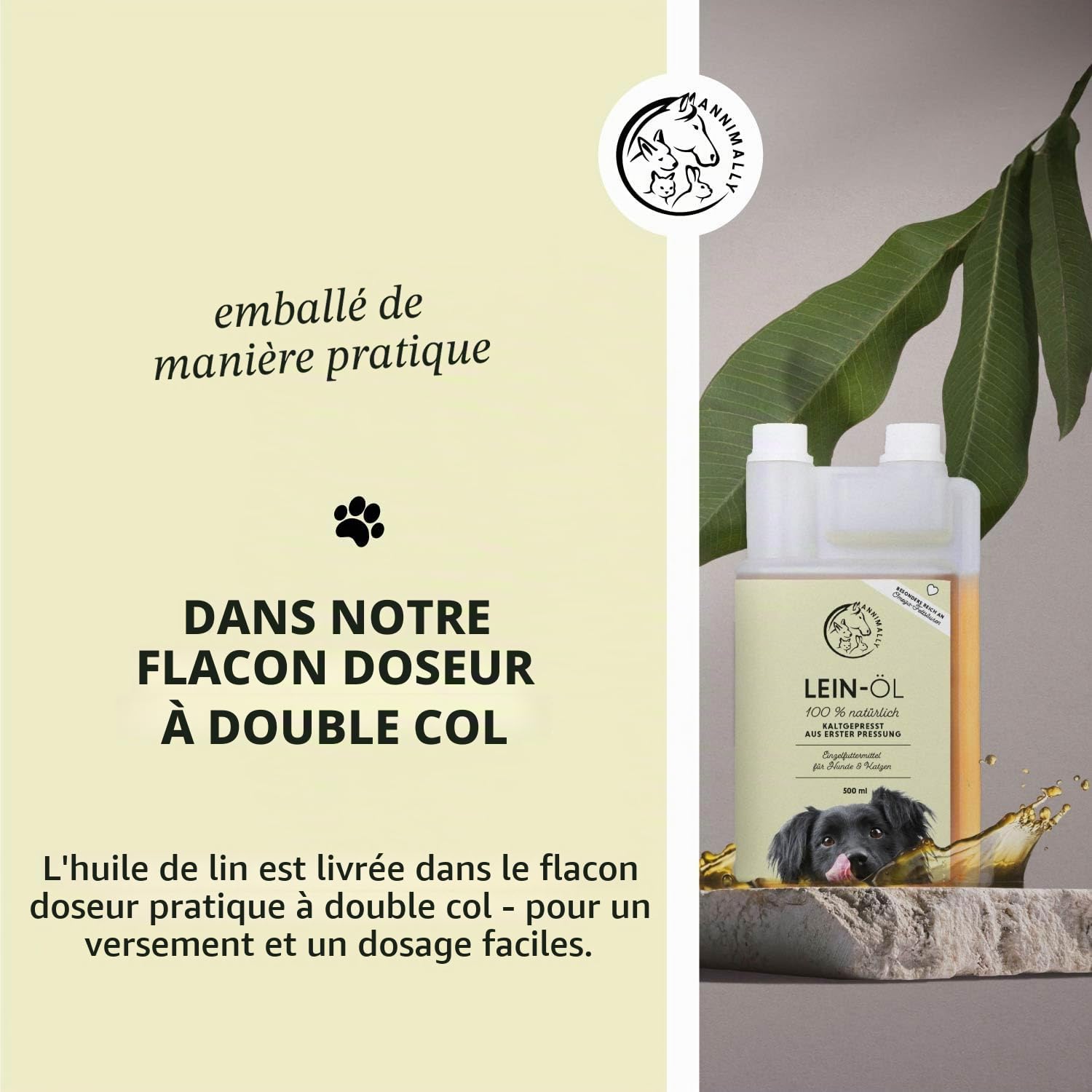 Huile de Lin pour Chiens 500 ML - Huile Chien de graines de Lin pressée à Froid, Riche en acides Gras Omega 3 pour Chien & 6 et en Vitamine B