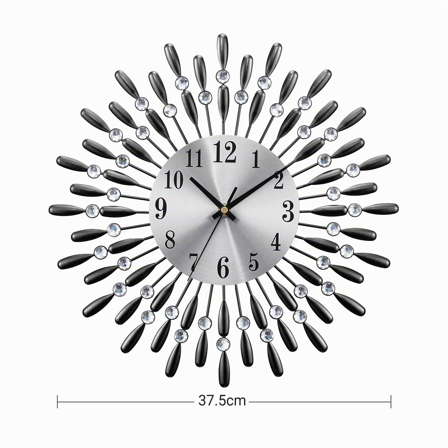Wanduhr Ø 37,5 cm – Silberne Metall Analoguhr im Retro-Stil mit Strasssteinen, leises Quarzwerk, dekorative Wanduhr für Wohnzimmer & Schlafzimmer, Aluminium-Zifferblatt