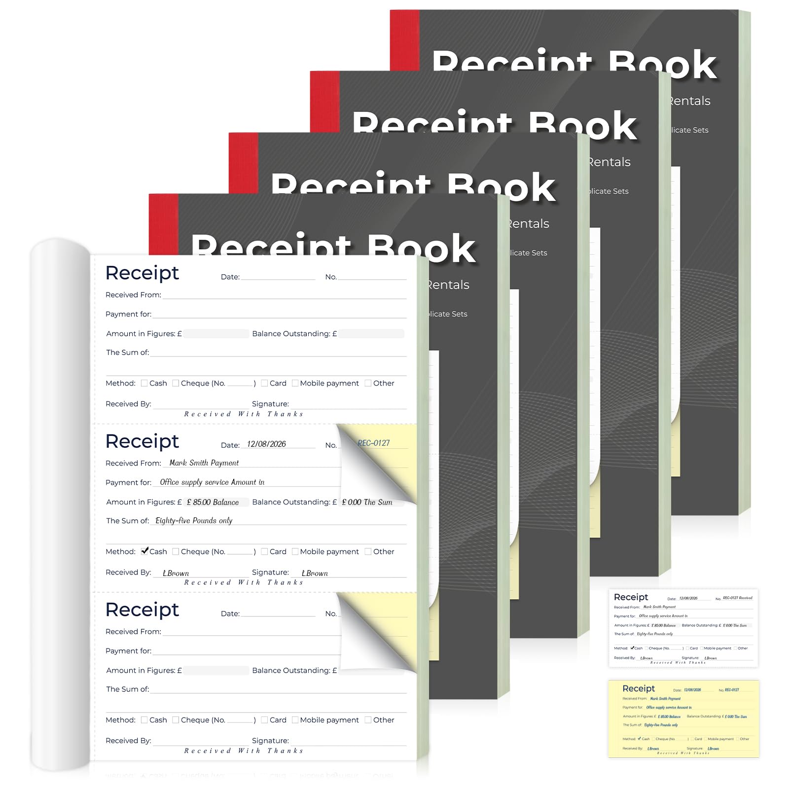 Kassenbuch, 3-teilig pro Seite, A5, Quittungsbuch, dupliziert, 2-teilig, 150 Sets, perforiert, reißfest, für kleine Unternehmen, Selbstständige, 143 x 210 mm, 5 Stück