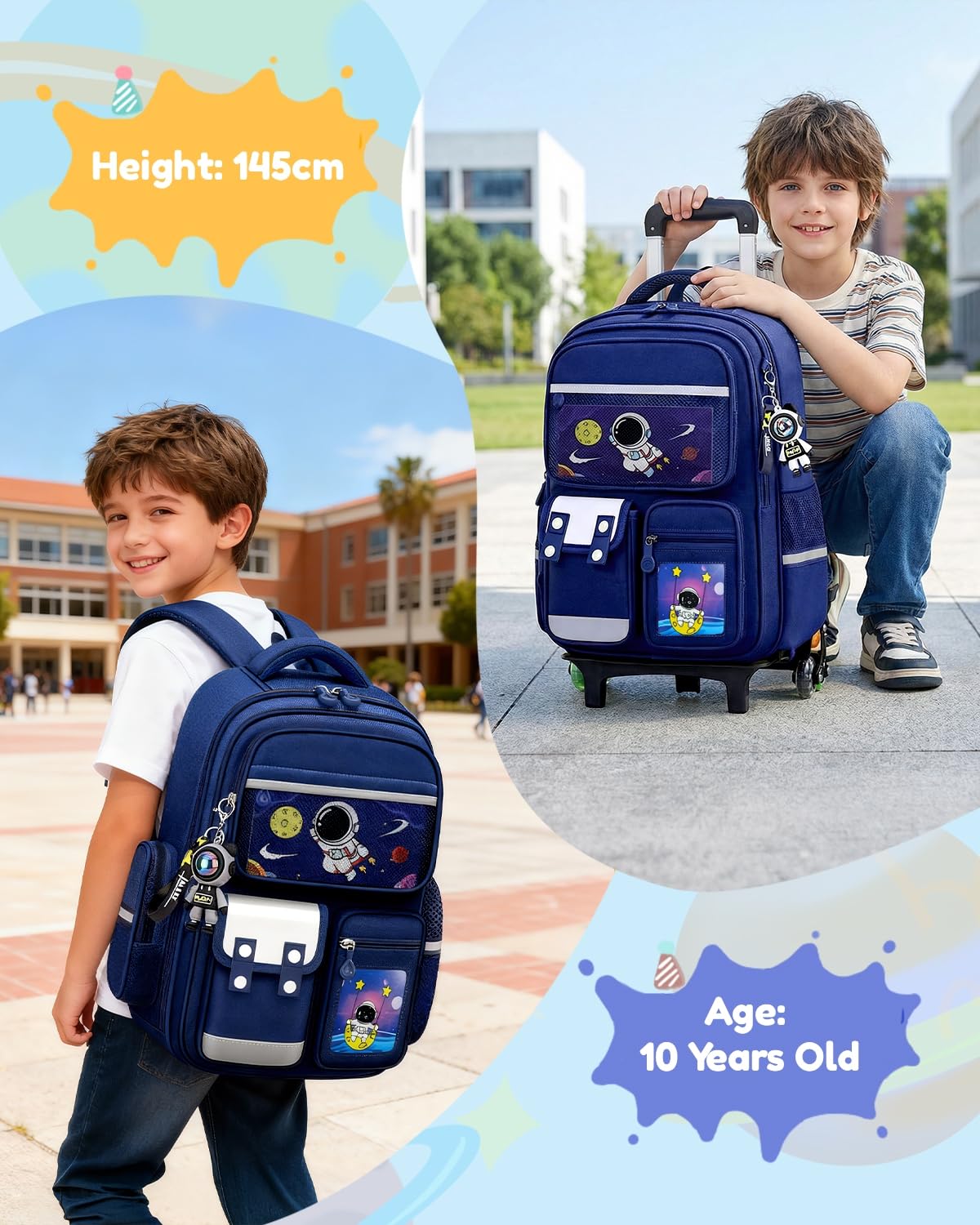 Amythe Mochila Escolar con Ruedas para Niño, Mochila Infantil con Carrito Desmontable 6 Ruedas, 20LMochilas Colegio Grande con Carro para Primaria, Edades 6-10 Años,Azul