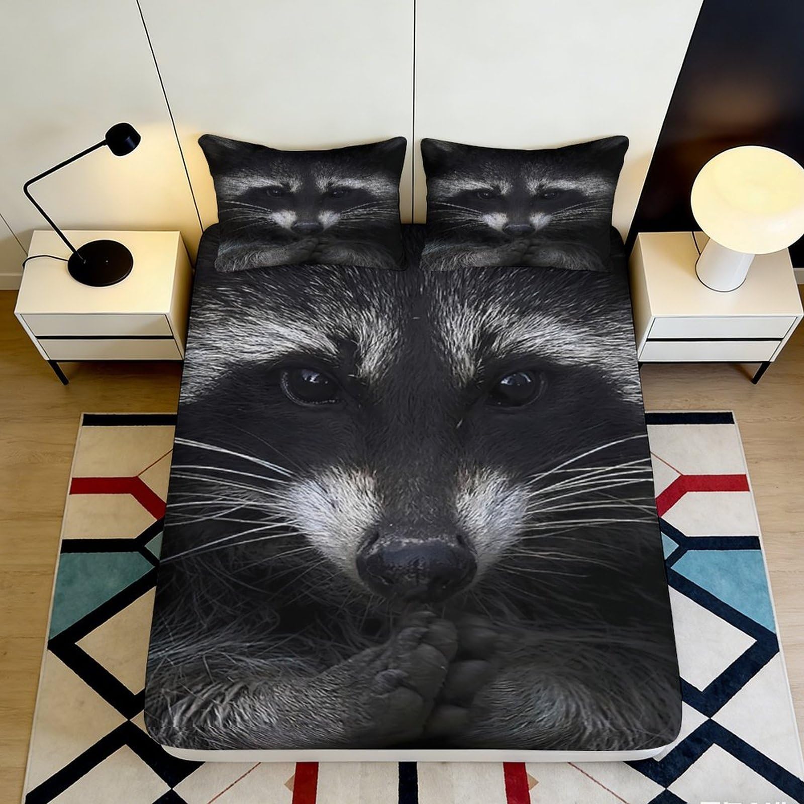 3D Printed Raccoon Pattern Fitted Sheet Microfiber Deep Pocket Non-Slip Bedroom Bedding Raccoon Mattress Fitted Cover Washable for All Ages 90x200x25cm