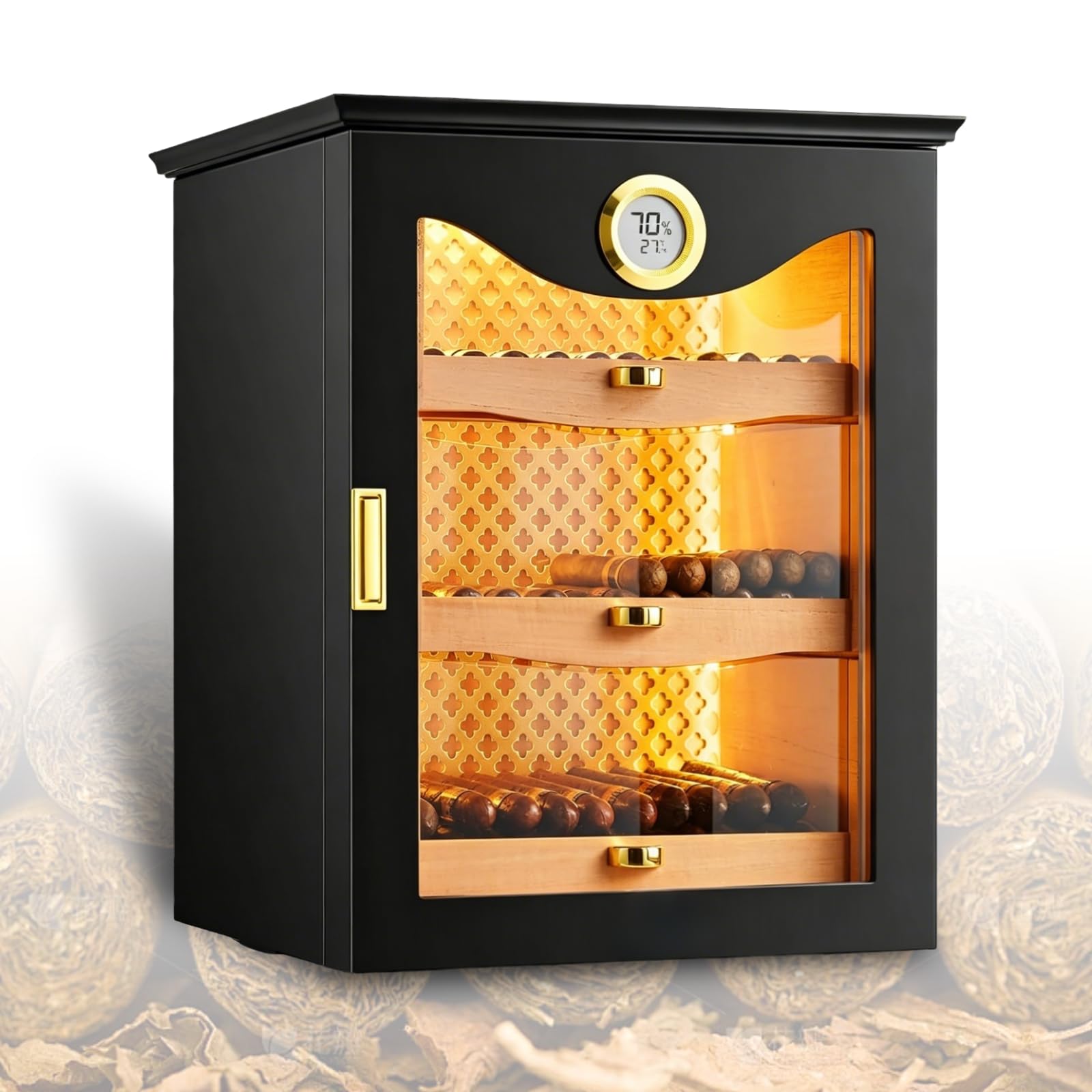 ZHENYUWANG Cigar Humidor, Made Of Aromatic Spanish Cedar Wood, Capacity 130 Cigars, Built-In Precision Electronic Hygrometer, Suitable For Small Apartments Or Personal Use black