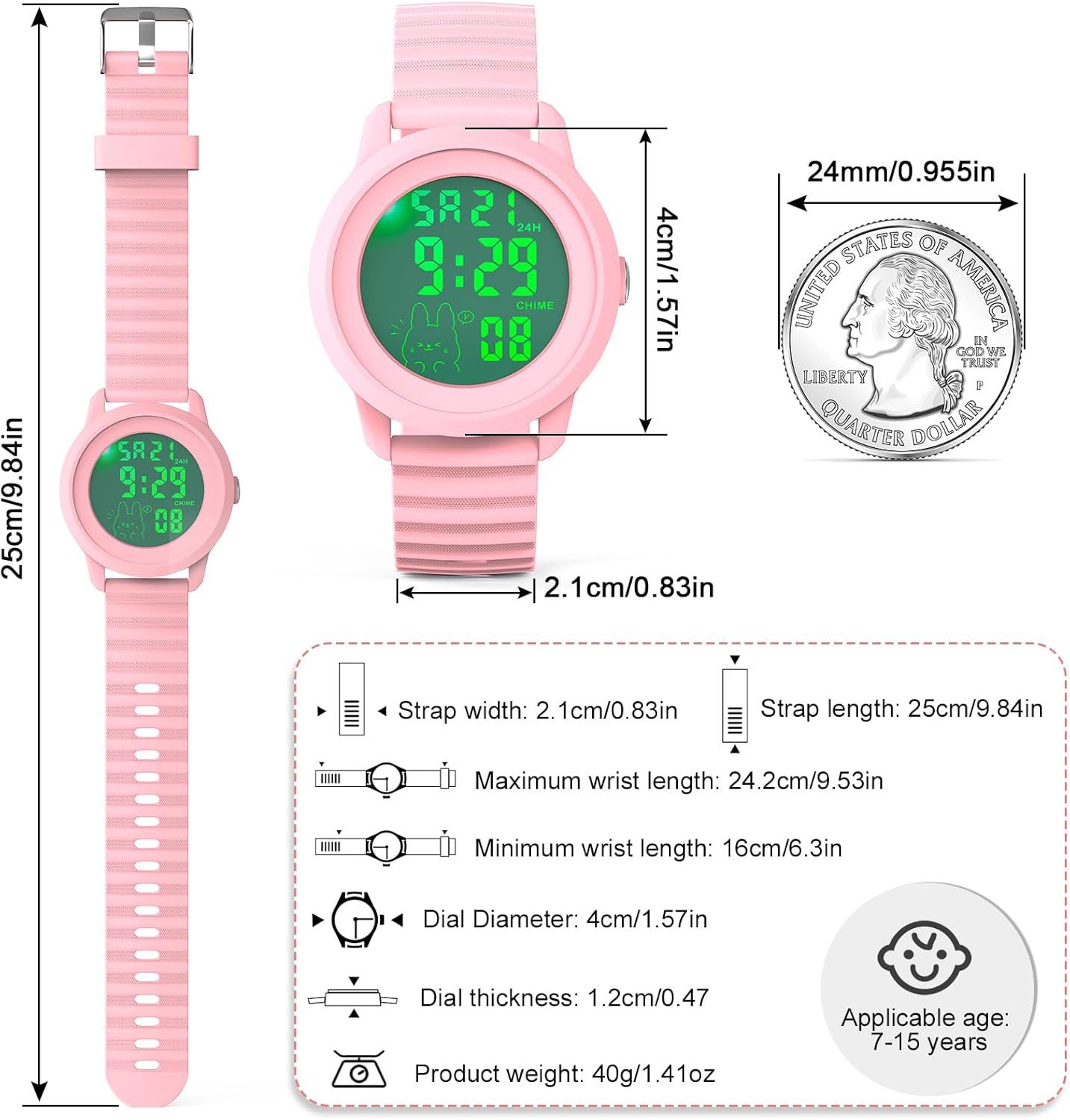 Edillas Digital Watch dimensions including strap width, strap length, maximum/minimum wrist length, dial diameter, dial thickness, and product weight