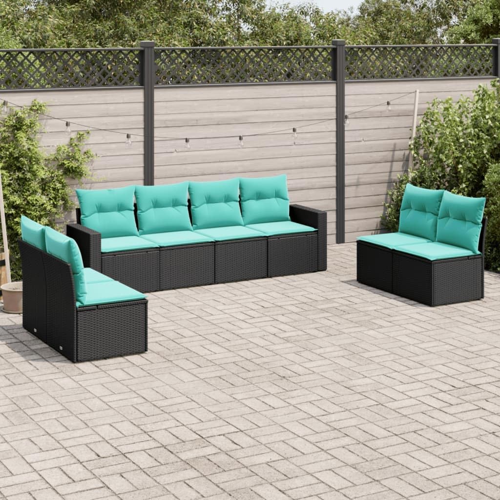 vidaXL Patio Sofa Set - Black Poly Rattan, Blue Cushions, Corner & Center Seating, Weather- Outdoor Furniture for Terrace, Garden, Deck - Modular Design, Removable Covers - 8 Pieces