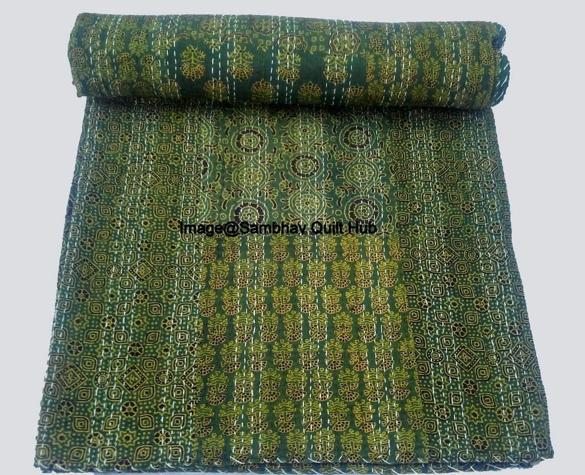 Green Patch Quilting Hippie Kantha Ajarkh Hippie Handmade Queen Size Kantha Bedspread Ajrakh Reversible Hand Stitched Cotton Kantha Quilts Bohemian Floral Kantha Twin/Queen (90X108 inch)