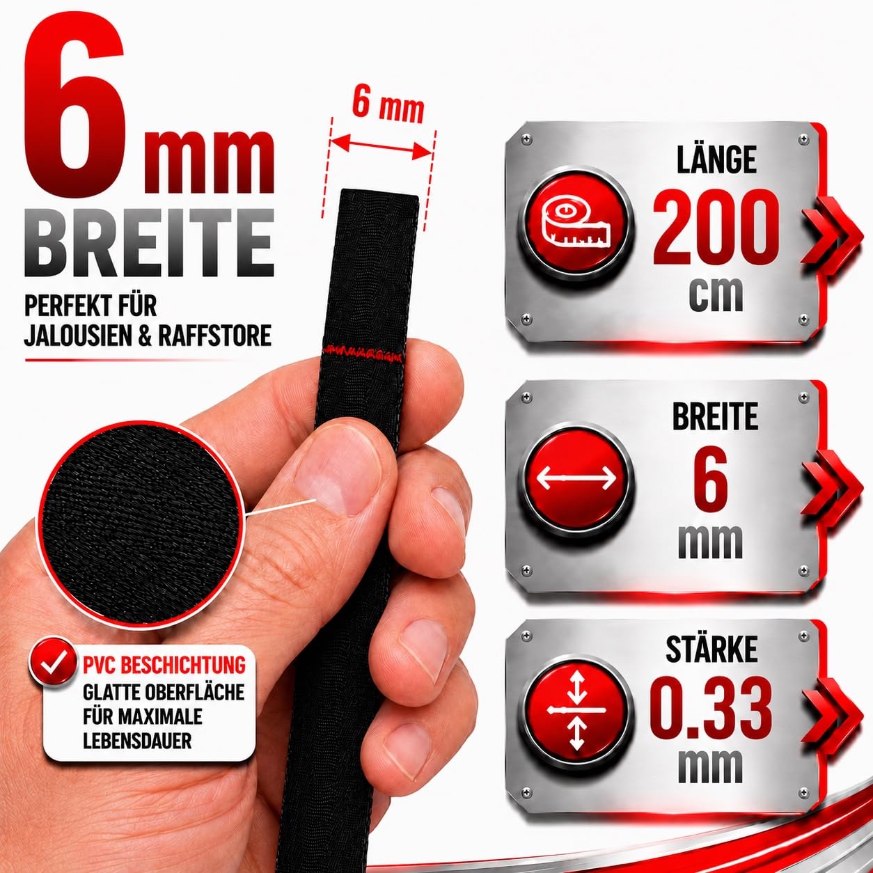 Bande de levage Bande textile pour store extérieur 6 x 0,33 mm avec 2 boucles (350 cm, noir)