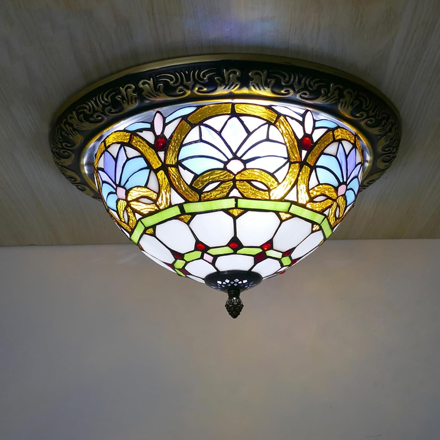 Tiffany Style Baroque Ceiling Lights Vintage Stained Glass Ceiling Lamp Traditional Flush Mount Ceiling Light Fixture for Bedroom Living Room Hallway Foyer,12inch
