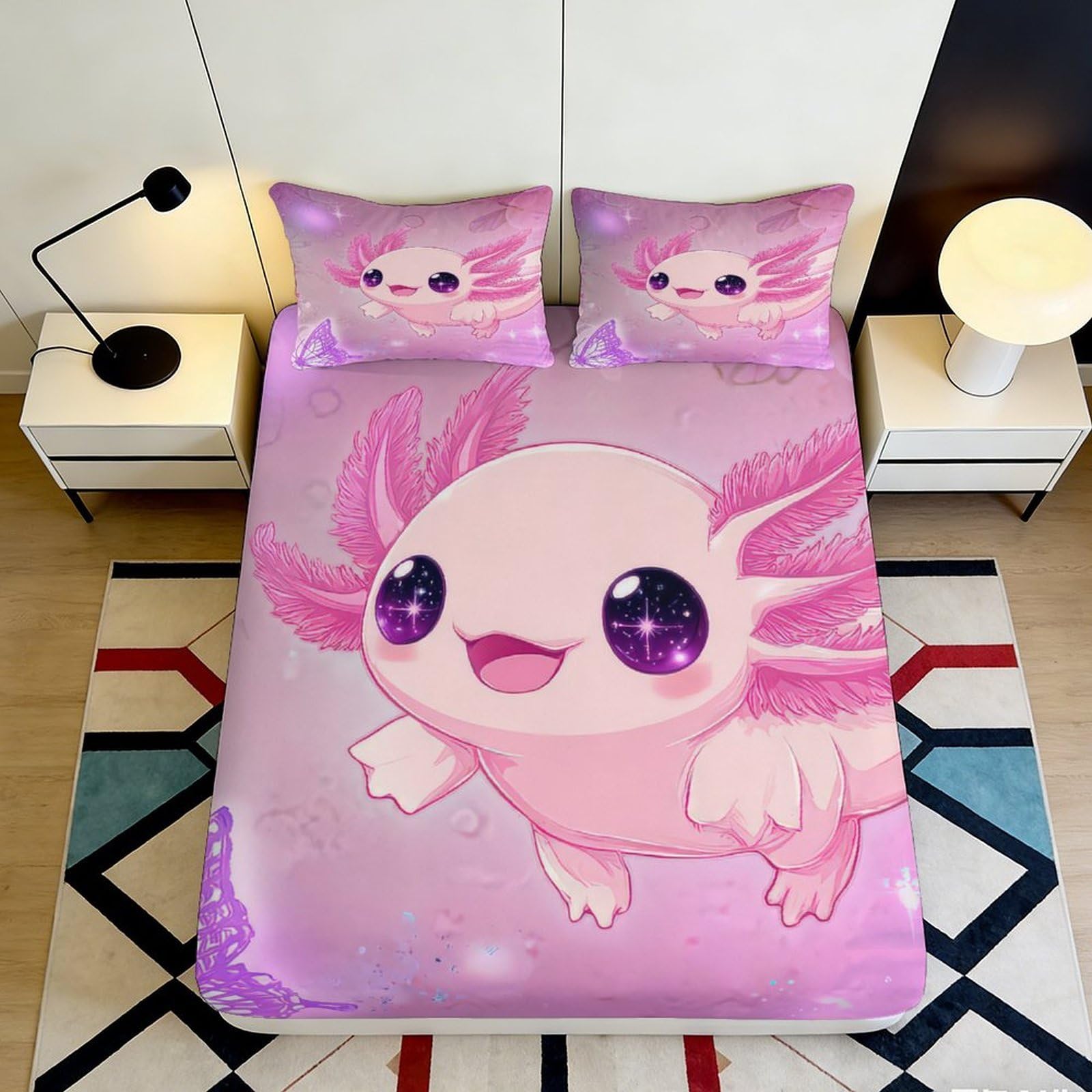 Decorative Pink Axolotl Fitted Sheet 3D Printed Microfiber Soft Touch Bed Cover for Bedroom Guest Room Bedding 90x200x25cm