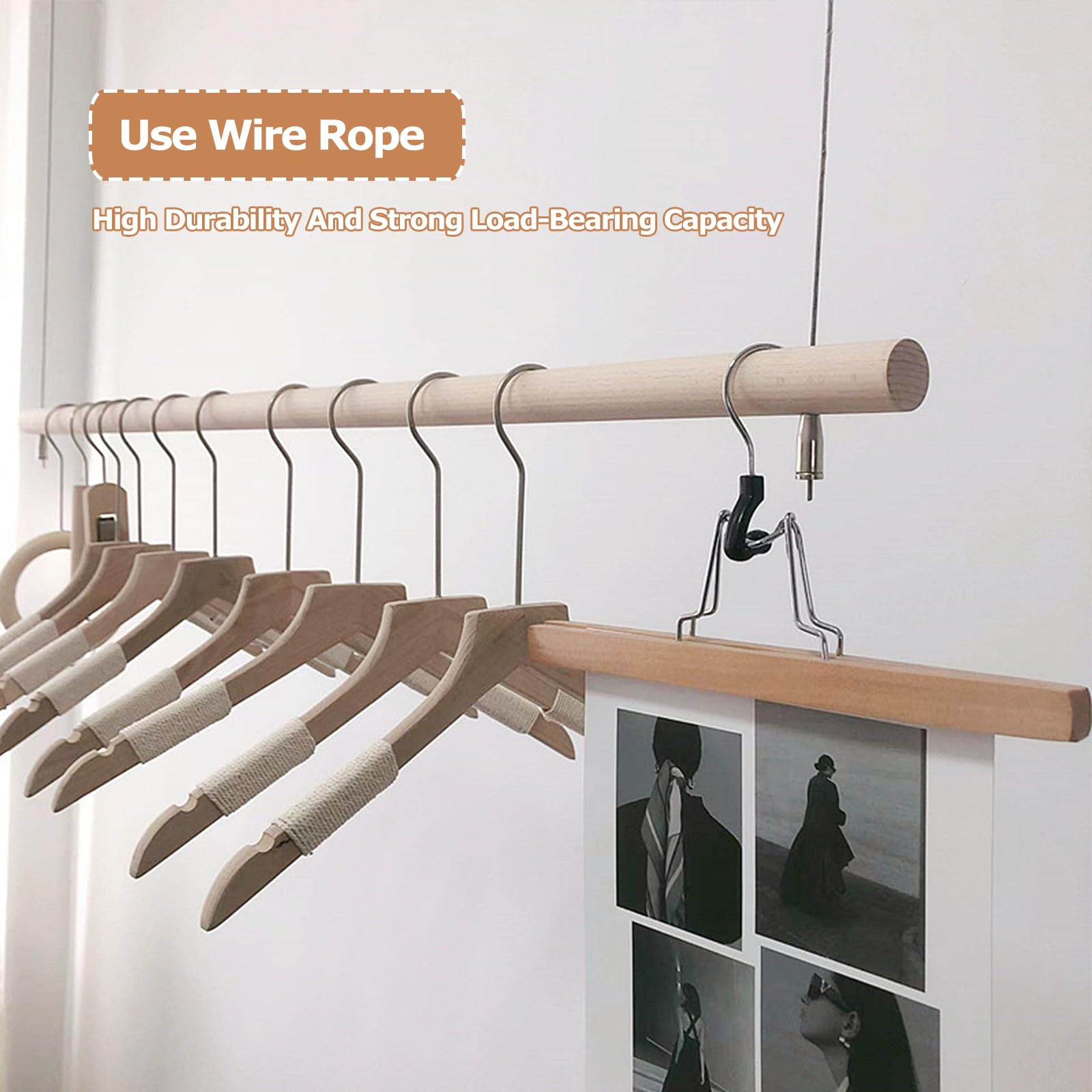 Regulowany sufitowy wieszak na ubrania do szafy/sypialni/korytarza pręt z litego drewna 50 cm metalowa lina oszczędność miejsca rozwiązanie do przechowywania i stylowy design