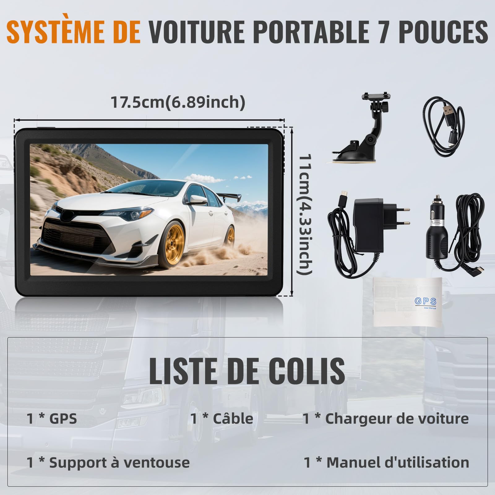 GPS de Navigation, Riloer 7 Pouces Navigation Portable avec Accessoires Secteur, Cartographie Europe Toute Vie Mise à Jour Gratuite, Support Camion/Camping-Car, Lecteur Multimédia