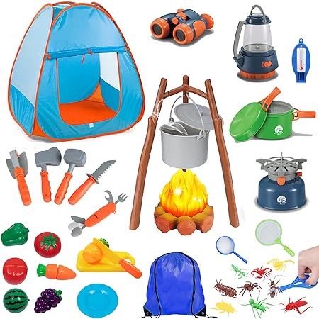 Amazon キッズテント キャンプテント キャンプセット おもちゃ キャンプファイア キャンプごっこ 偽虫 昆虫採集 おままごと 野菜 果物 男の子 女の子 室内 室外遊具 収納バッグ付き キッズテント おもちゃ
