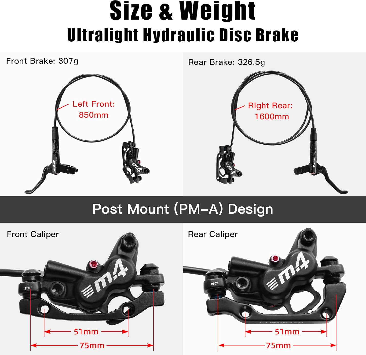 MTB 4 Piston Hydraulic Disc Brakes, MTB Disc Brake Set, Front Left/Rear Right, Bicycle Brakes PM/is Adapter Fit for MTB BMX