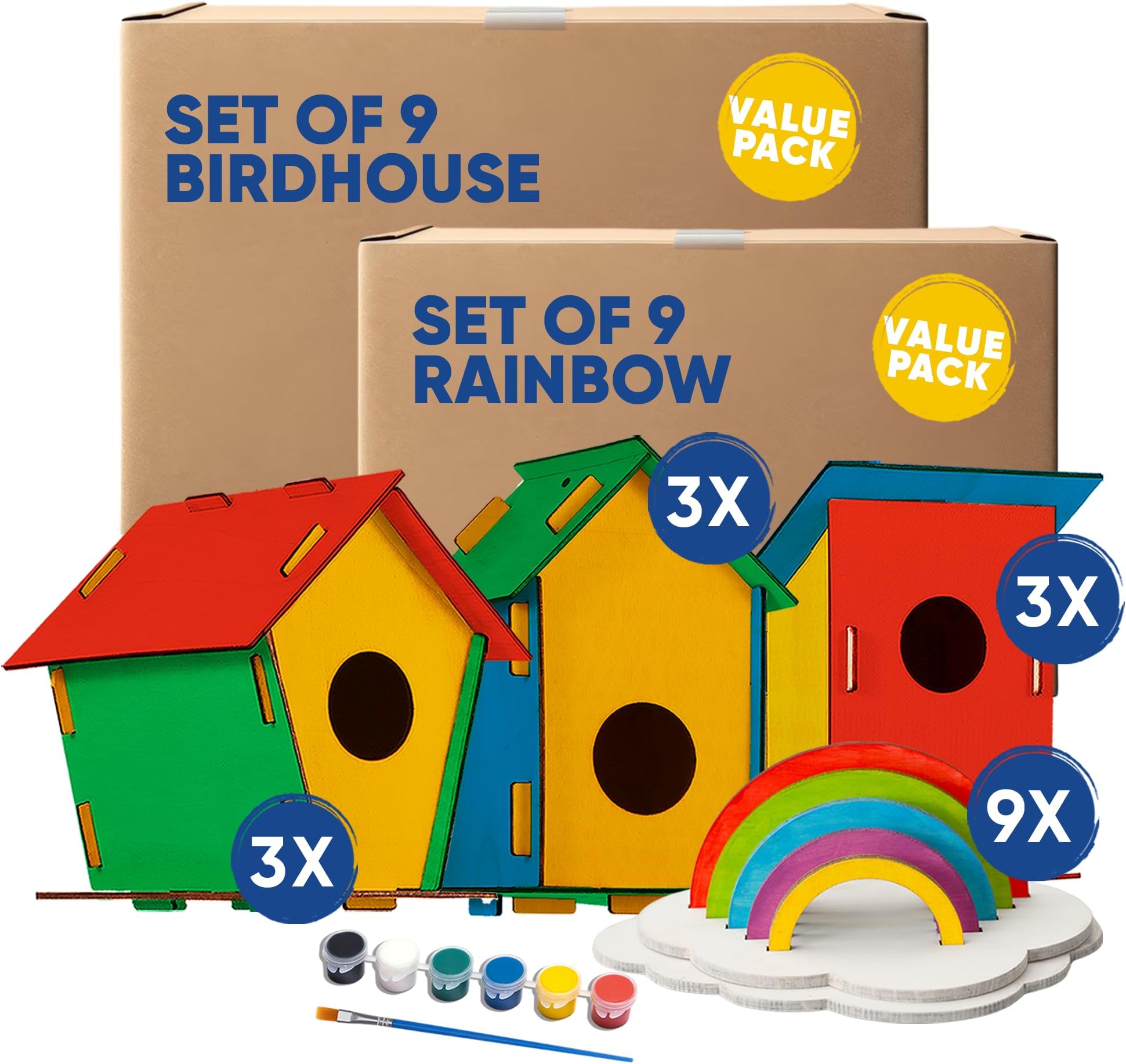CRAFTY HAPPITOYS9 DIY Bird House Kits for Children to Build & Set of 9 Rainbow Craft Kits - Wood Craft Painting Kits for Kids