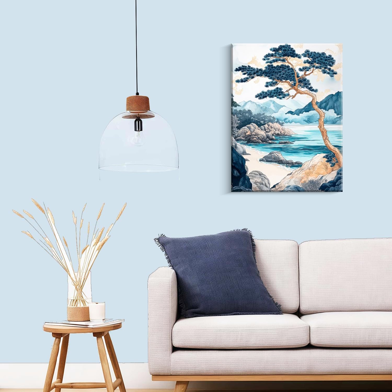 Framed Japanese Pine Trees Landscape Picture Coast Mountains Wall Art Decor Canvas Print Nature Print Artwork Poster Gallery Bedroom Living Room Office 16x24 Inch Ready to Hang