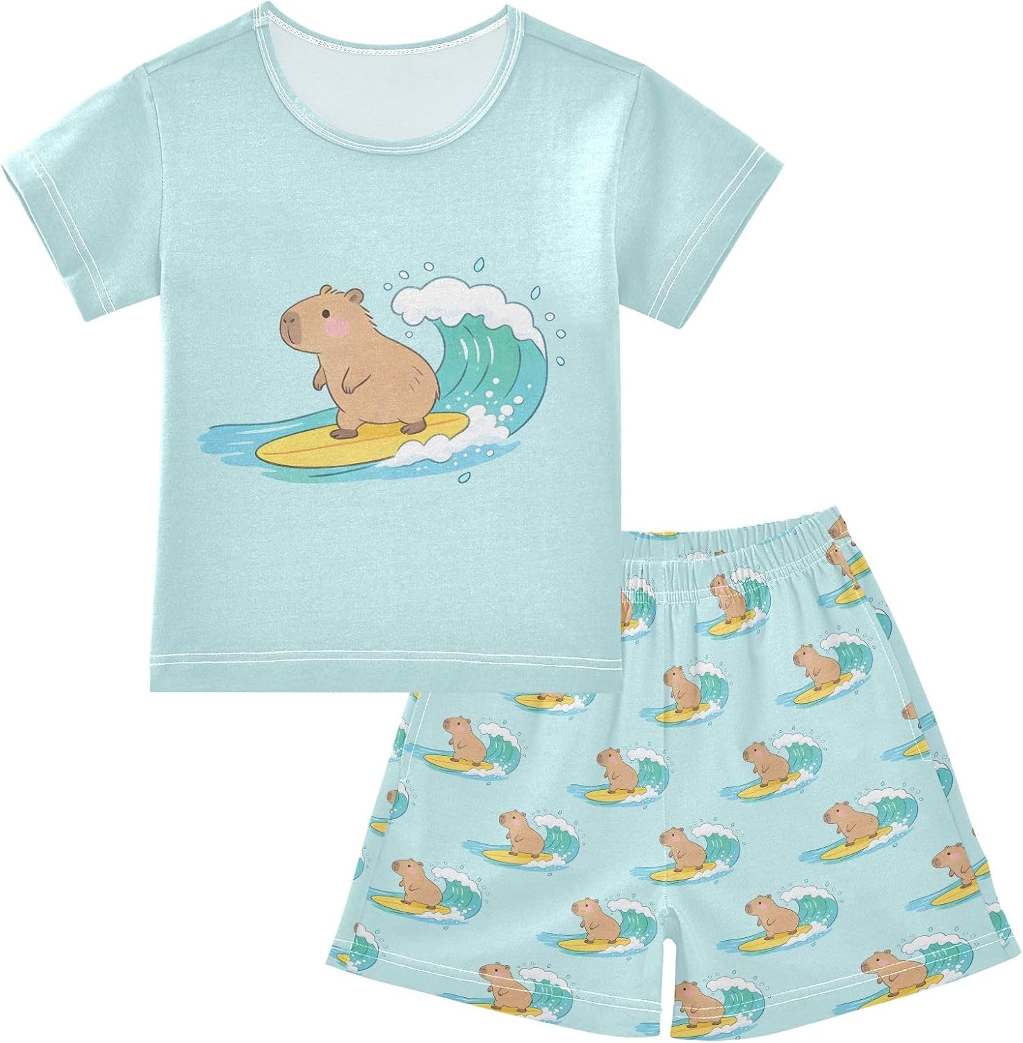senya Cute Capybara Swimming Summer Pajamas Set Orange Short Cotton Sleepwear 2 Piece