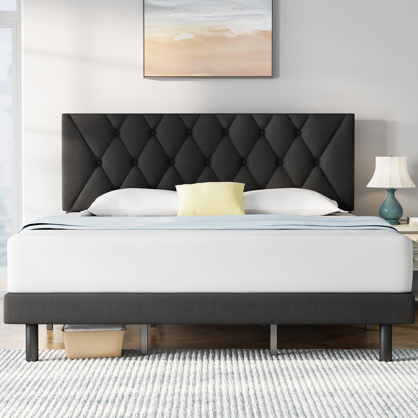Molblly Full Size Bed Frame with Adjustable Headboard, Linen Fabric Wrap, Strong Frame and Wooden Slats Support, No Box Spring Needed, Non-Slip and Noise-Free, Easy Assembly, Black