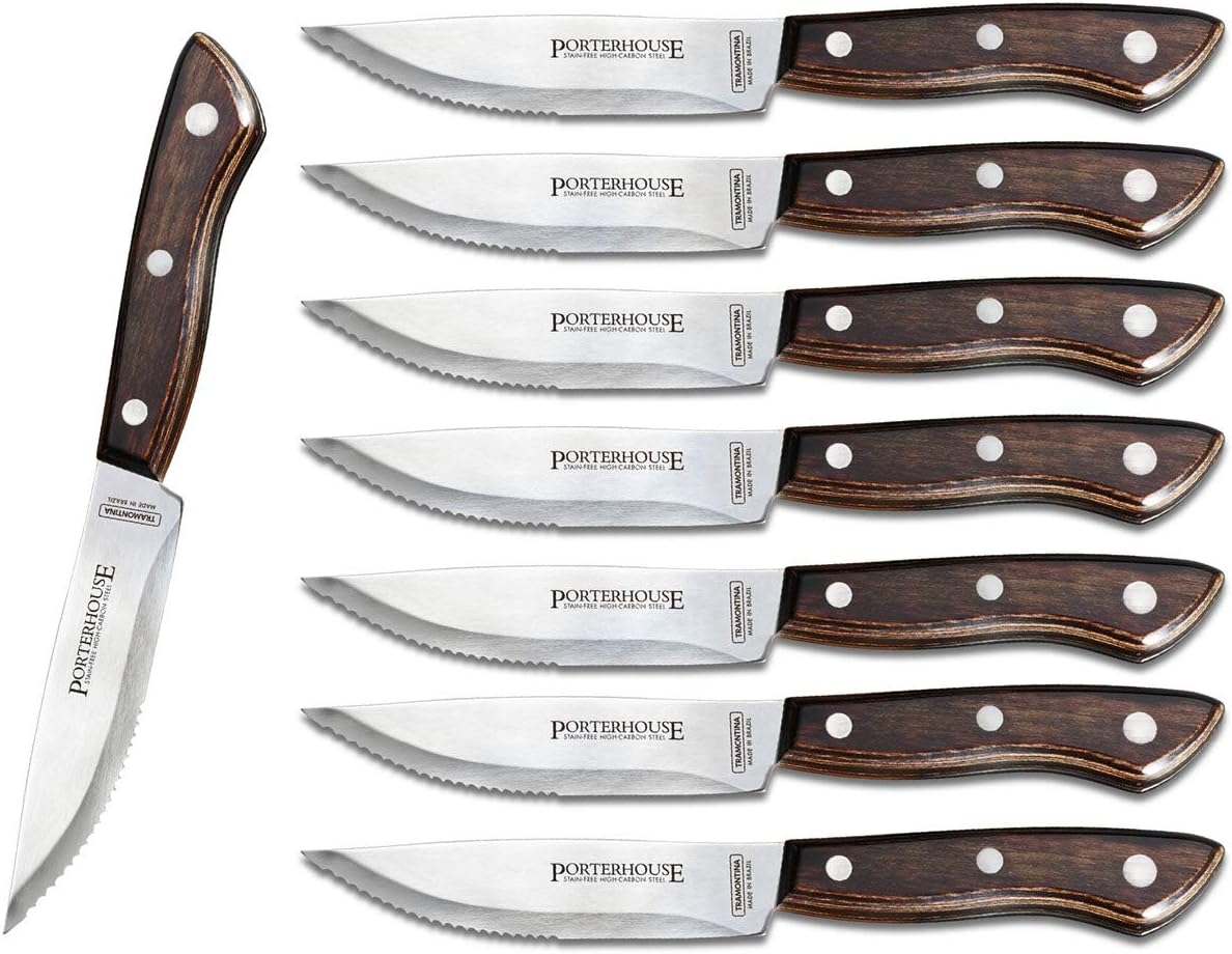 Porterhouse 8-Piece Steak Knives, 5-Inch Stainless Steel High-Carbon Serrated Blade Kitchen Knife Set with Polywood Handle, Full-Tang, Dishwasher-Safe