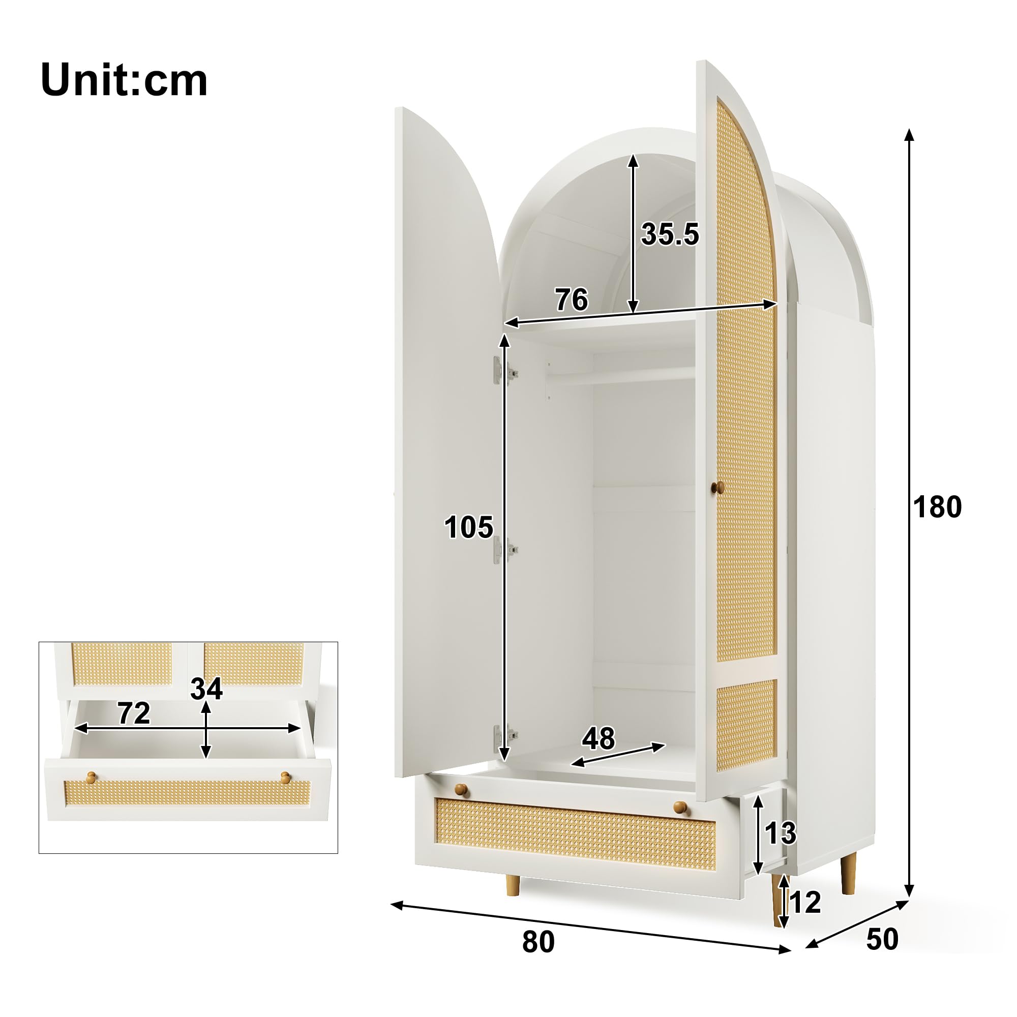 Soweiz Kleiderschrank aus Holz in Rattan-Optik, Schrank in Weiß mit Bogen-Design, Wäscheschrank mit Kleiderstange und Schublade, 80x50x180 cm