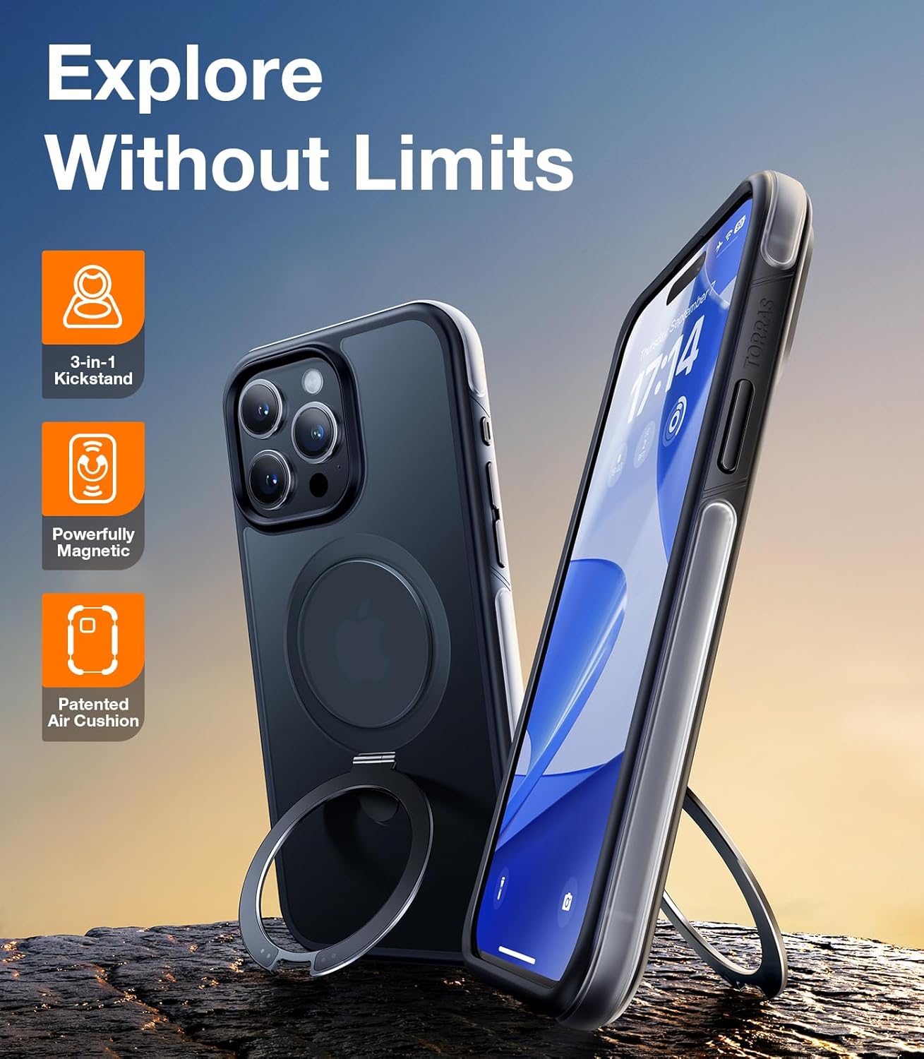 TORRAS Q1 Air for iPhone 15 Pro Case Magnetic Stand, [Extreme Military-Grade Shockproof] [Fit for MagSafe] [Sturdy Flexible Stand] Translucent Anti-Scratch Strong Protective Case, Frosted Black 6.1"