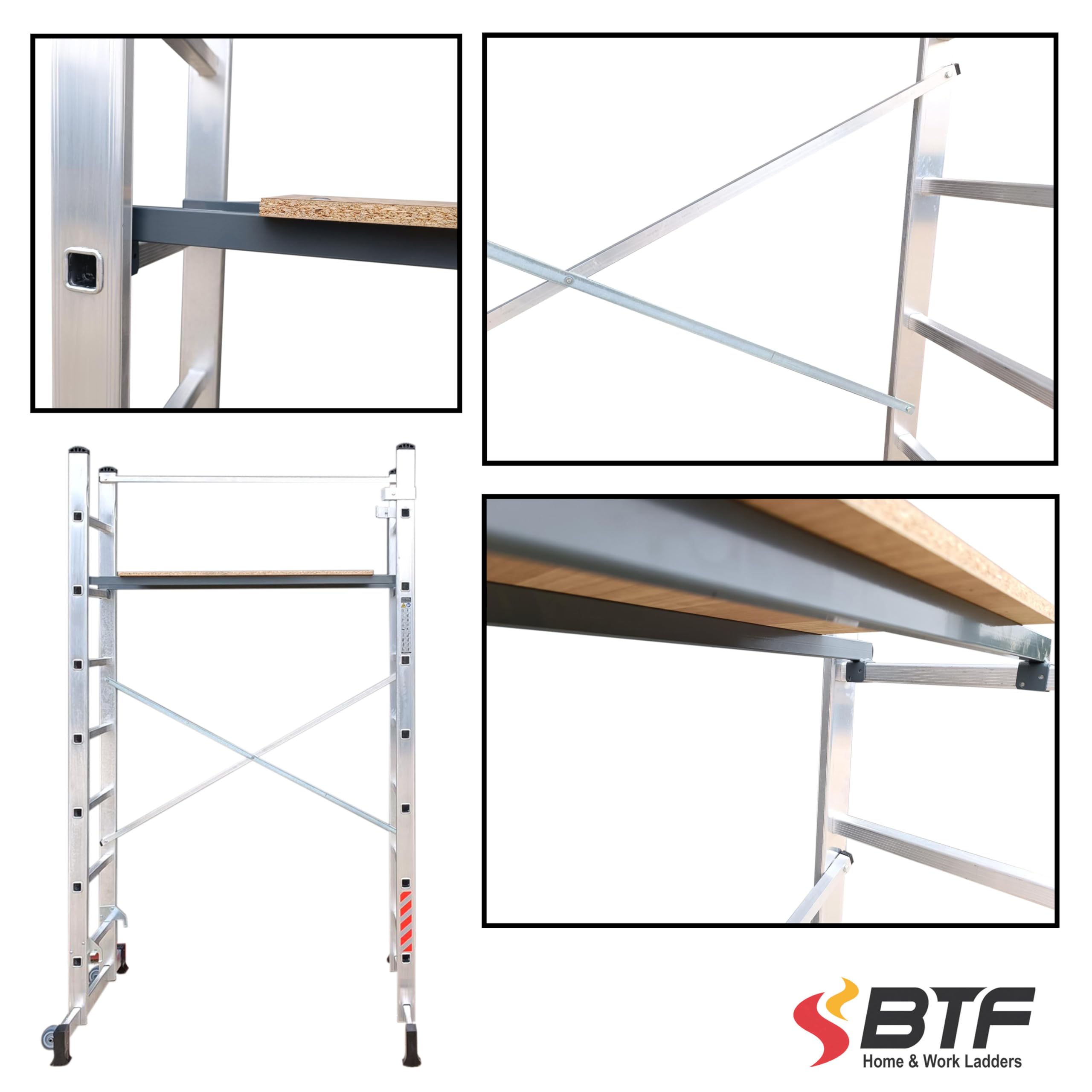 BTF Andamio Multifunción 4 en 1 en Aluminio | Convertible en Escalera Plegable, de Apoyo, Extensión y Plataforma Regulable en Altura, Capacidad 150kg, Ruedas y Barandilla. Ref: BTF-A1009027