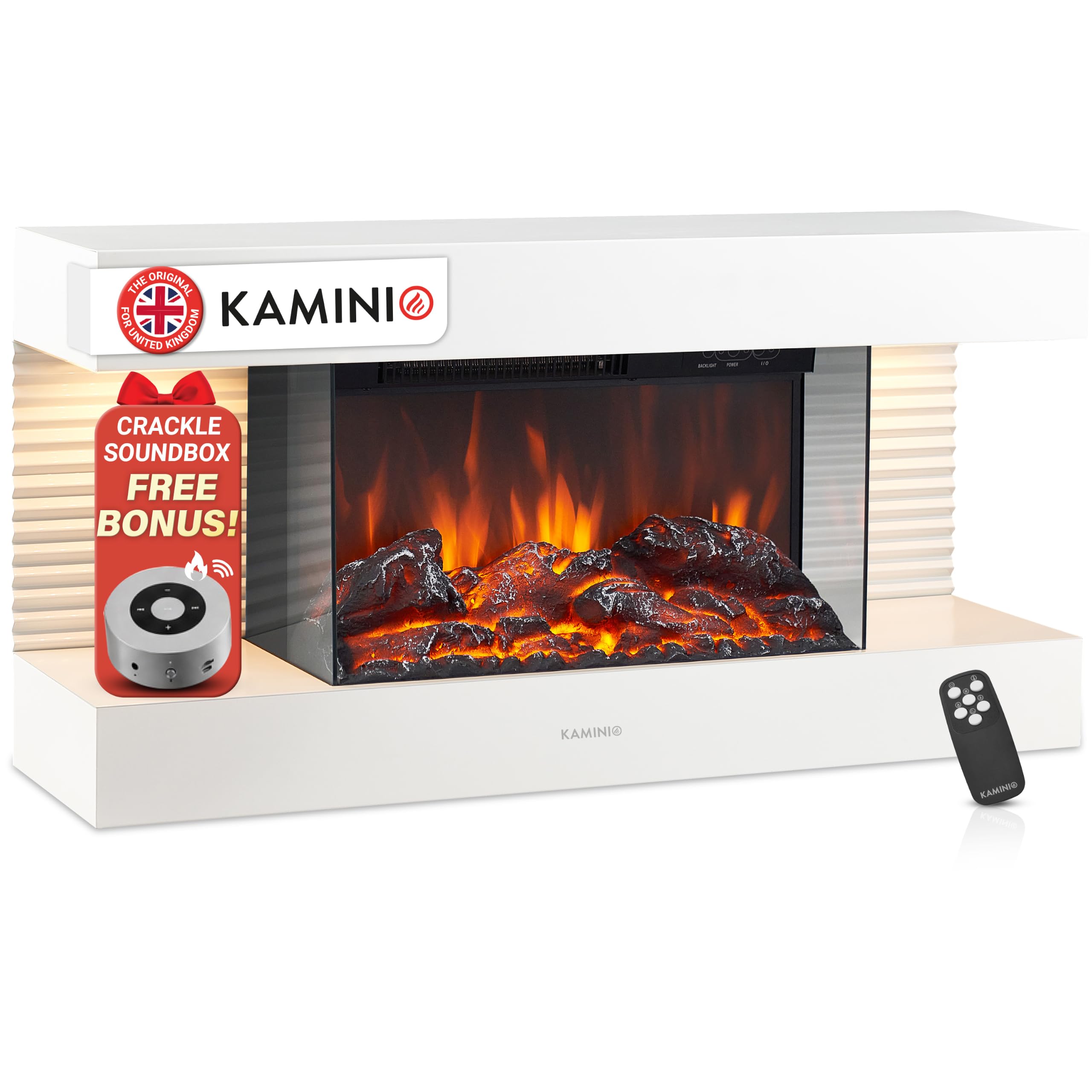 KAMINIO Electric Fireplace LIZ - Wall-Mounted Fireplace with Heater, 3D Flame Effect, LED Mood Light, Remote Control (White)