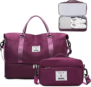 Bolsas de Viaje Bolsas de Deporte Bolsa de Gimnasio Impermeable Bolsa de Mano Equipaje Fin de Semana con Bolsa Húmeda y Zapatero para Hombre Mujer (Rojo Morado)