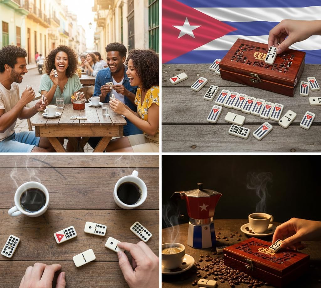 PRK 14 Cuban Double 9 Dominoes Set in Premium Wooden Box – Classic White Tiles with Colored Dots Dominoes in Durable Wooden Storage Case – Traditional Cuban Style for Friends
