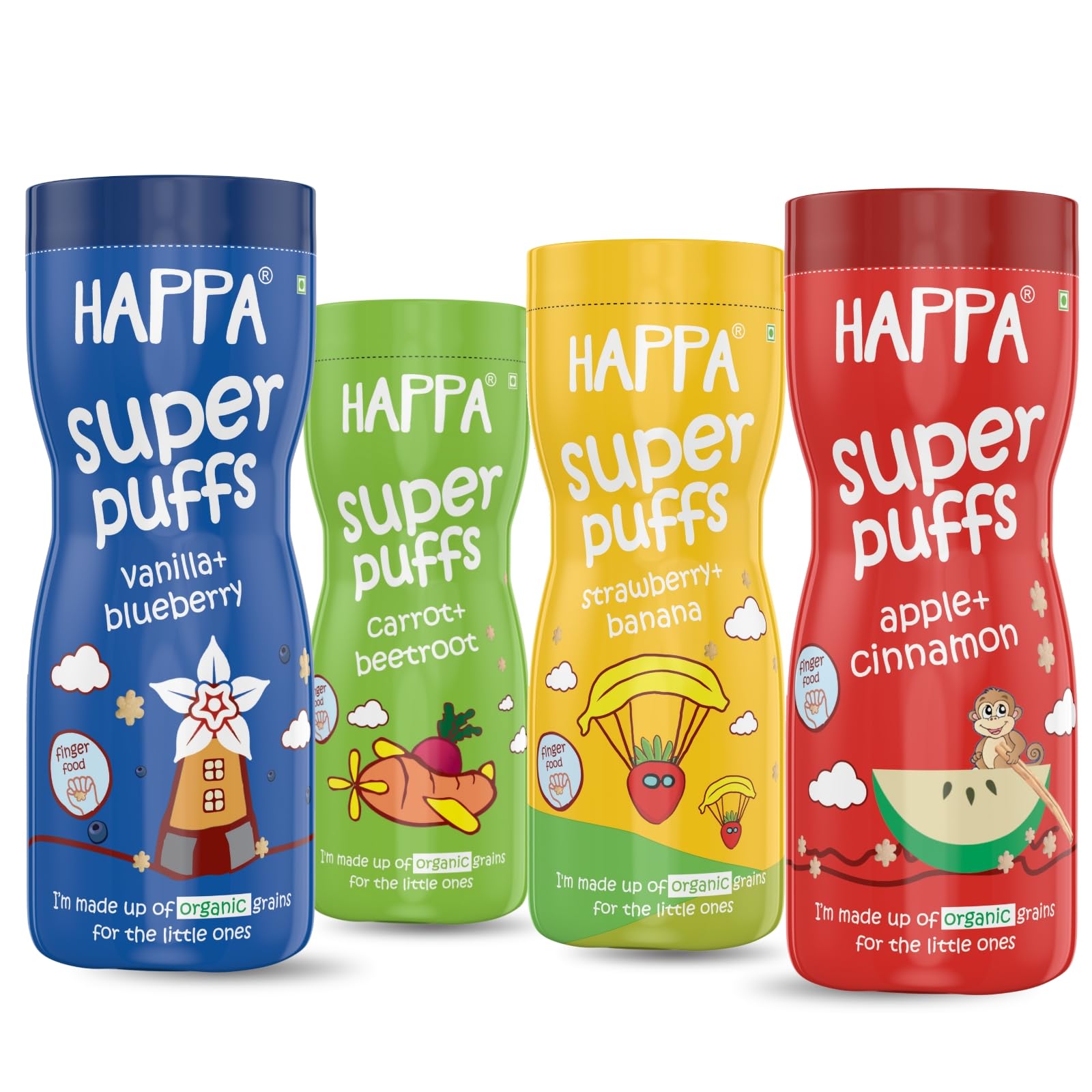 Happa Vanilla Blueberry and Caroot Beetroot and Strawberry Banana and Apple Cinnamon Baby Puffs | Melt-in-the-Mouth Finger Food for Babies | Supports Self-Feeding & Baby-Led Weaning | No Artificial Flavours or Colours | Stage 2 (8 Months+) | Pack of 4 (40g Each)