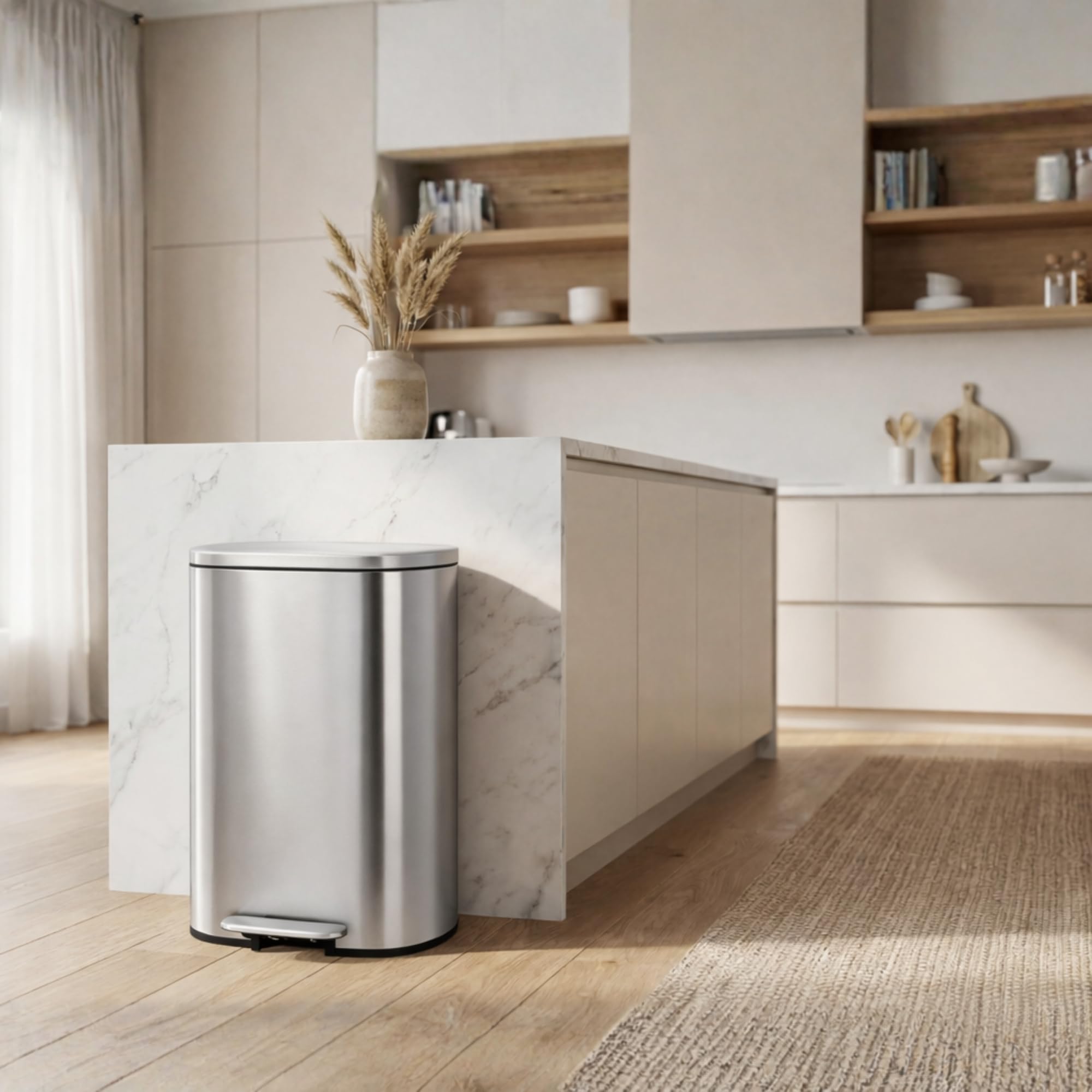 Bayt Mülleimer 50L Treteimer, Abfalleimer Edelstahl mit Deckel & Soft-Close, Rechteckiger Küchenmülleimer mit Inneneimer, Fingerprintproof Müllbehälter, Silber