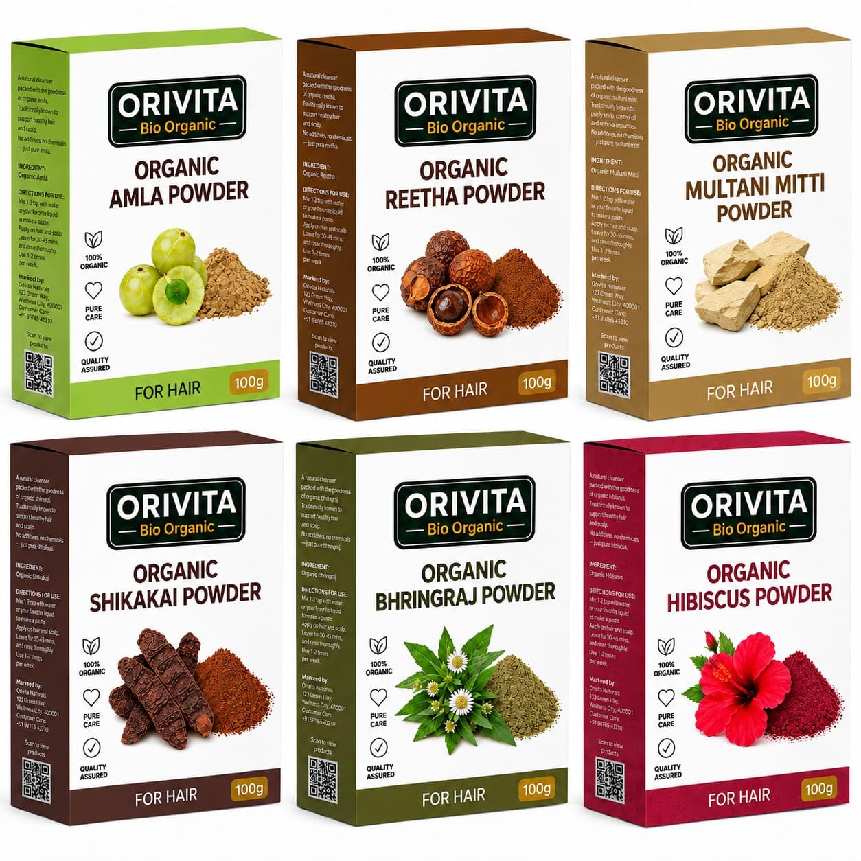 Bio Organic Amla Reetha Shikakai Bhringraj Hibiscus Multani Mitti Powder | 100% Ayurvedic Hair Combo Pack For Hair Growth, Anti Hair Fall, Dandruff Control & Healthy Shiny Hair | Suitable All Hair Types For Men & Women-100g (Pack of 6)