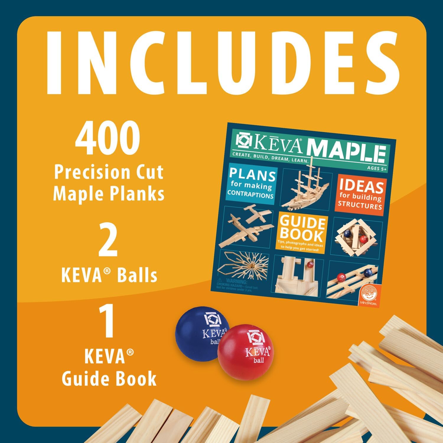 MindWare KEVA 400 Maple Wood Building Planks Set - Building Toy Includes 400 Wooden Blocks, 2 KEVA Balls, and Idea Book - Ages 5+