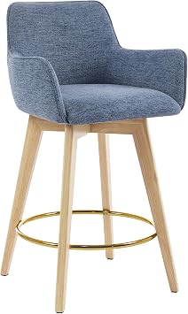 ONEVOG Modern 26" Counter Height Bar Stools, Swivel Kitchen Island Tall Chairs with Back, Arm, Footrest and Solid Wood Legs, Linen Fabric Upholstered Farmhouse Barstools for Countertop, Blue