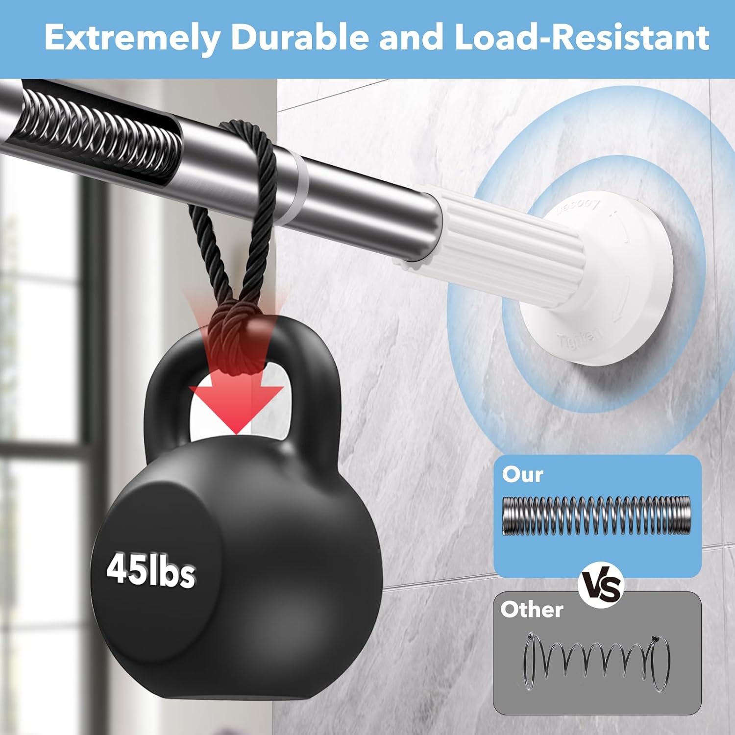 Tension Curtain Rod No Drilling 51–148In(12Ft), Extra Long Outdoor Curtain Rod for Patio Window, Adjustable Heavy Duty Tension Shower Rod for Bathroom Room Divider Rod Diameter 1.26In, Stainless Steel