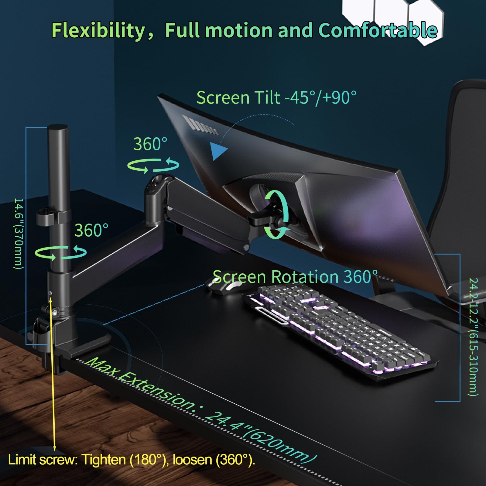 Braccio Monitor Nero per Schermi Ultralargo da 17 a 60 Pollici,Supporta 20kg, Supporto Monitor a Molla a Gas Regolabile in Altezza Con Asta, Ergonomia Rotazione VESA 75x75/100x100mm