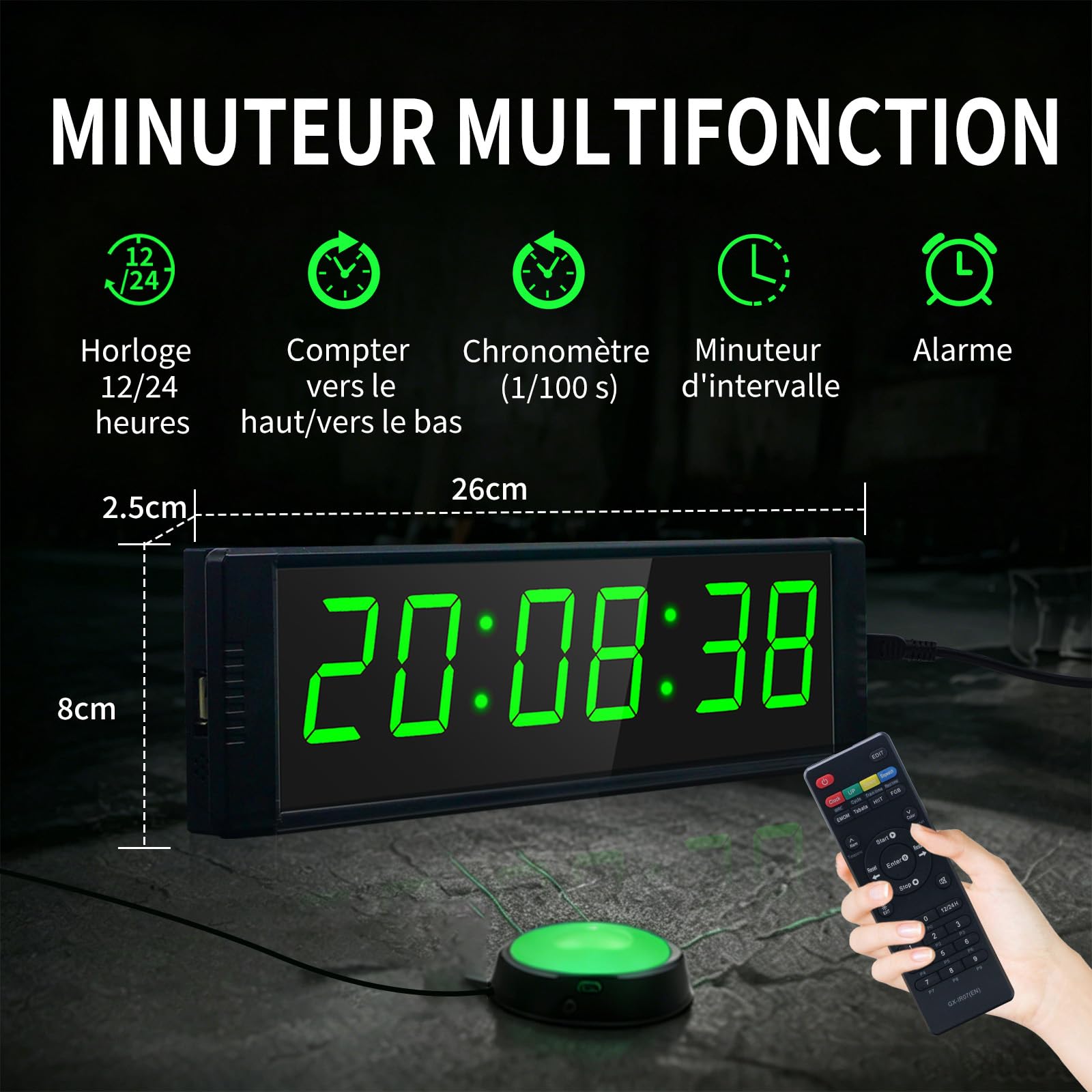 LUCKY TIME Minuteur Fitness LED avec Télécommande et Bouton Start/Stop | Chronomètre Compte à Rebours, Minuteur d’Intervalle 12/24H pour Salle de Sport à Domicile