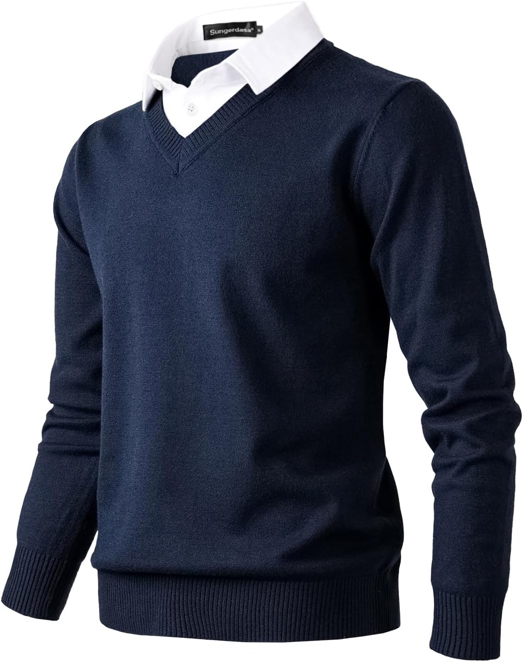 Men's Sweater with Mock Shirts Collar 2 in 1 V-Neck Knitted Pullover Classic Solid Sweaters - Image 2