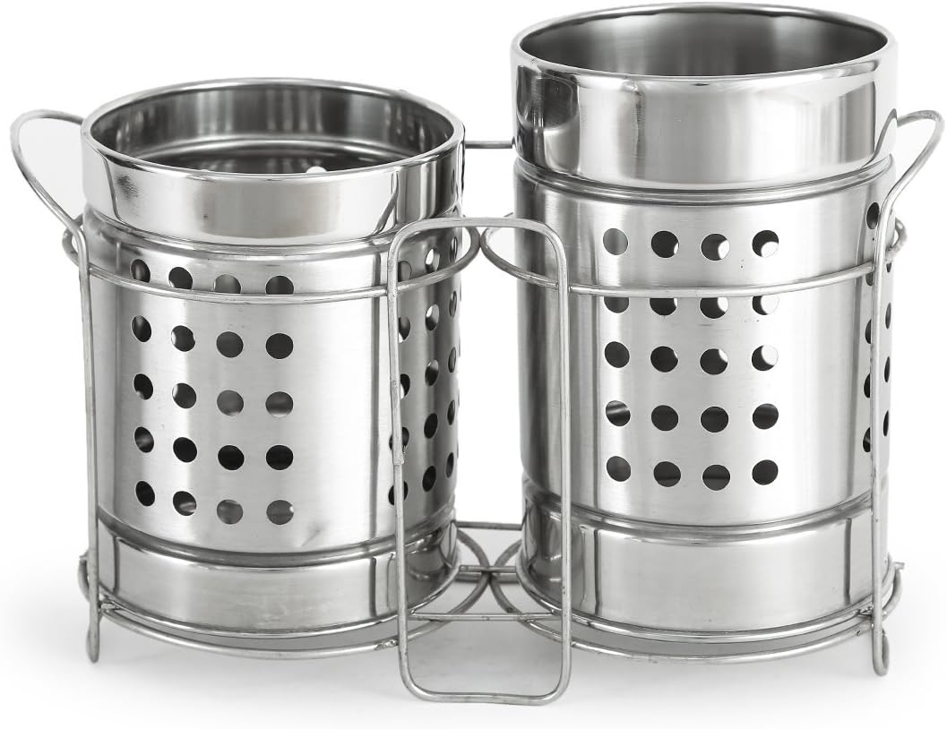 King International Stainless Steel Kitchen Utensil Cutlery Holder | Cookware Cutlery | Flatware Organiser | Utensil Holder with Drain Holes Set of 2 Holders with Stand