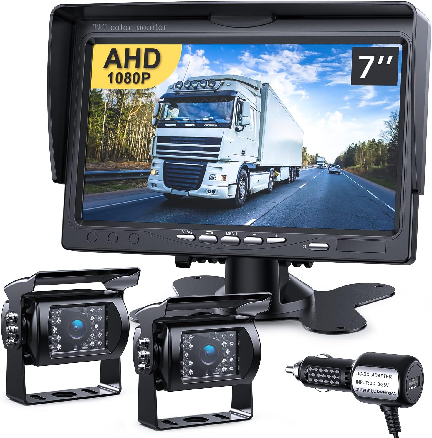 DVKNM Upgrade Dual Backup Camera Monitor Kit 7'' HD 1080P IP69 Waterproof Rearview Reversing Rear View Camera Monitor for Truck Trailer Semi-Trailer Box Truck RV Pickup Truck Easy Installation (TZ102)