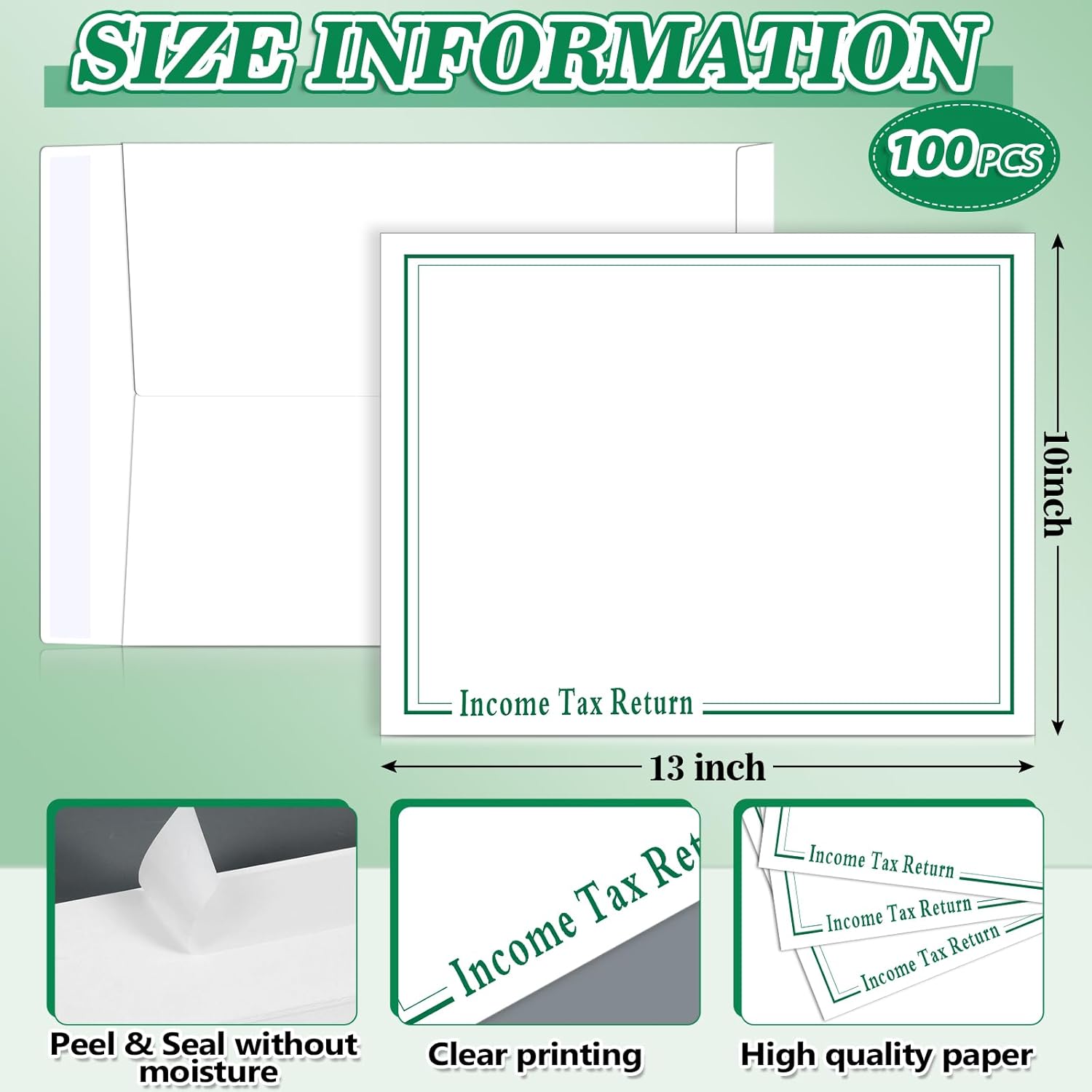 Fullhawl 100 Pcs Income Tax Return Envelope for Tax Preparers 13 x 10 Inches Open End Envelopes Security Envelopes for Office Business Legal Documents Catalog Paper Mailing(Green)