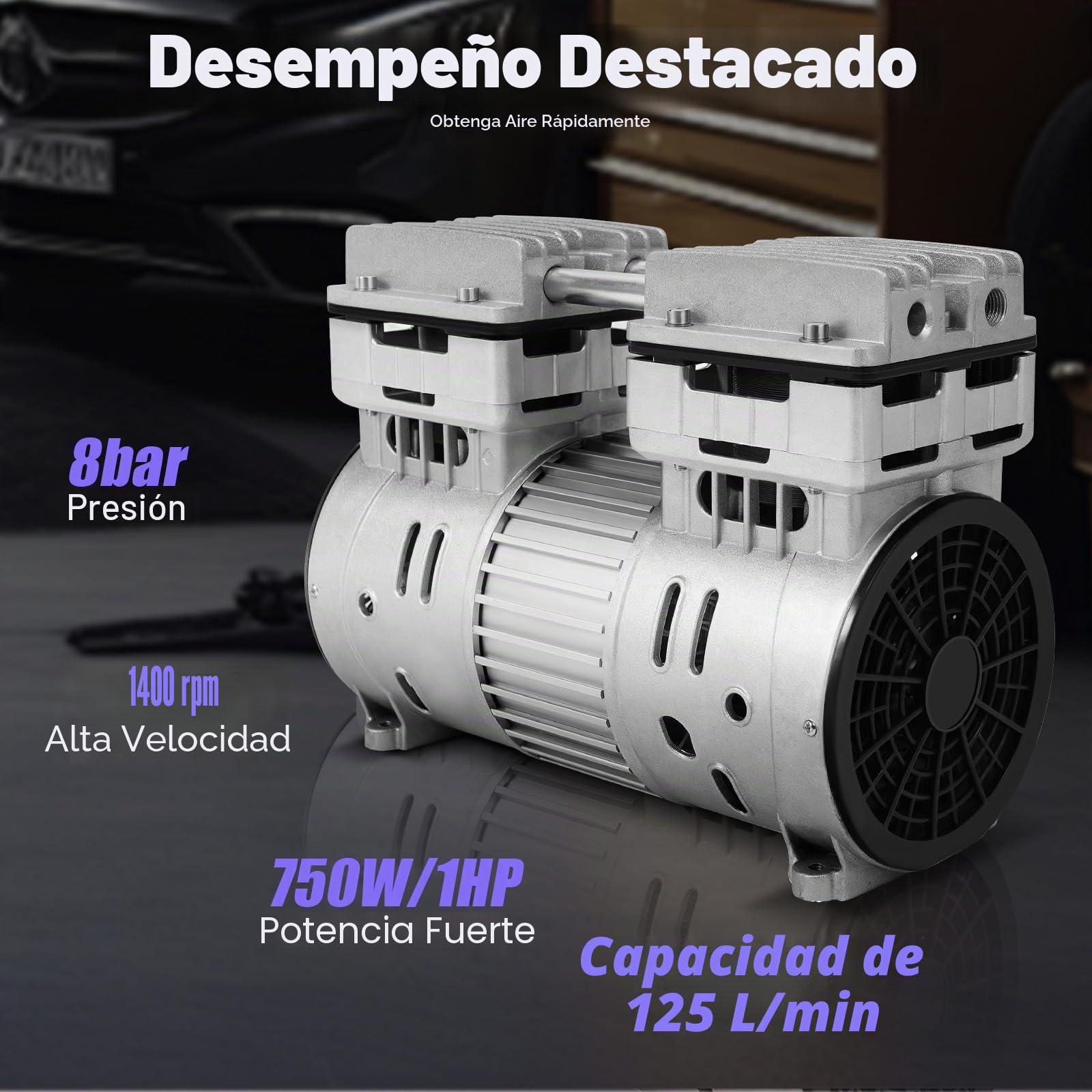 Compresor de aire de 750 W/1 HP, sin aceite, 125 l/min, presión de 8 bares, unidad de aire comprimido silencioso, motor de cobre completo, bajo nivel de ruido