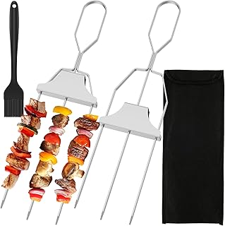 2PCS 15 inch 3-Prong Stainless Steel Skewers for BBQ Grilling with Push Bar Slider, Grilling Savant 3 Way Skewers, Metal Skewers for Grilling, Reusable Barbecue Skewers for Grill Meat Vegetable