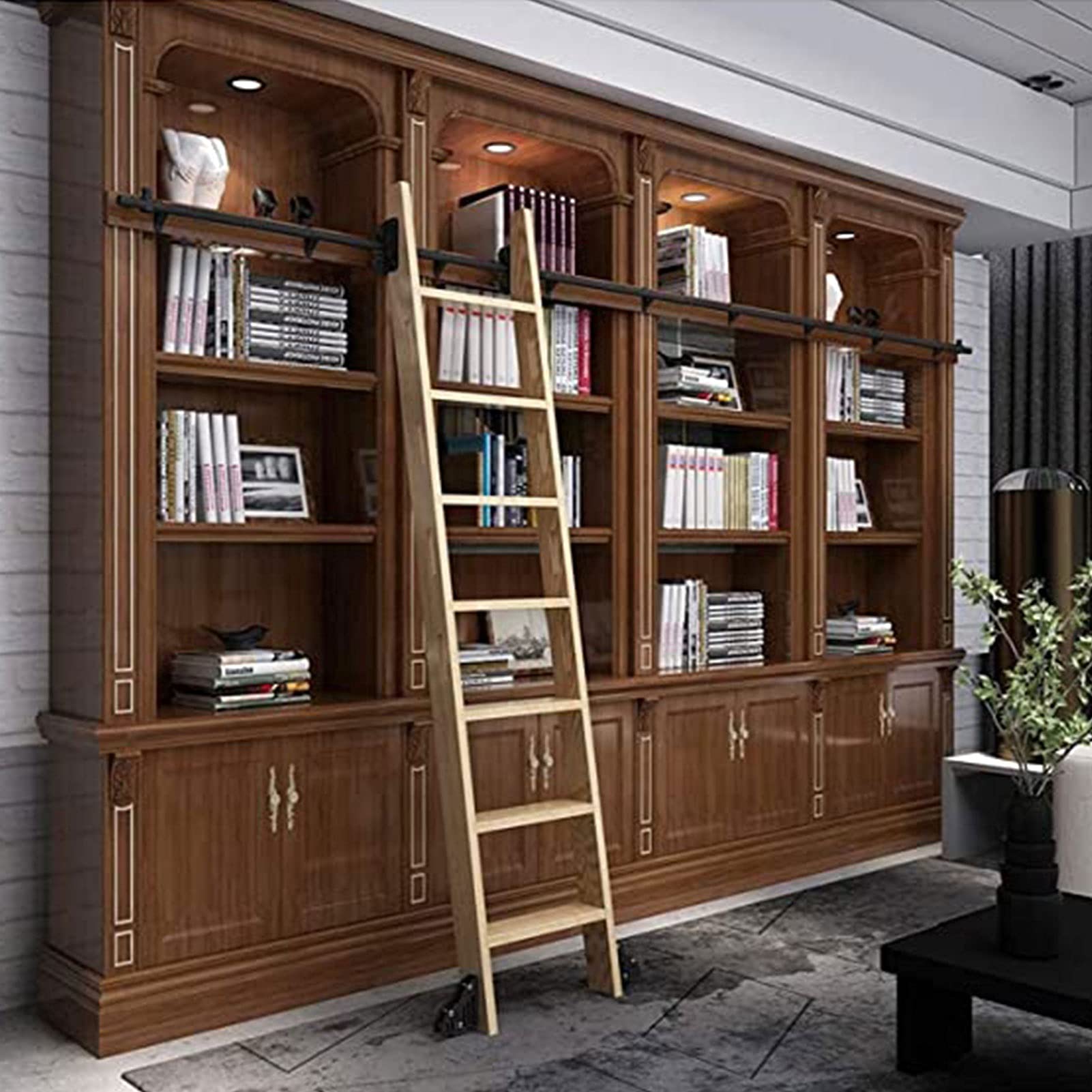 Matériel d'échelle roulante pour habiller le mur d'un salon avec bibliothèque