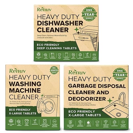 Renuv® Washing Machine Cleaner + Dishwasher Cleaner + Garbage Disposal Cleaner - Heavy Duty Kitchen Appliance Deep Cleaning, Descaling