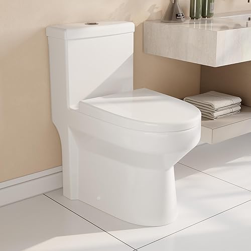 Deer Valley Compact One-Piece Toilet for Small Bathrooms, Modern Toilet with Powerful Dual Flush 1.1/1.6 GPF, Soft-Close Seat, 12" Rough-In, High-Efficiency, Space-Saving & Quiet White Design