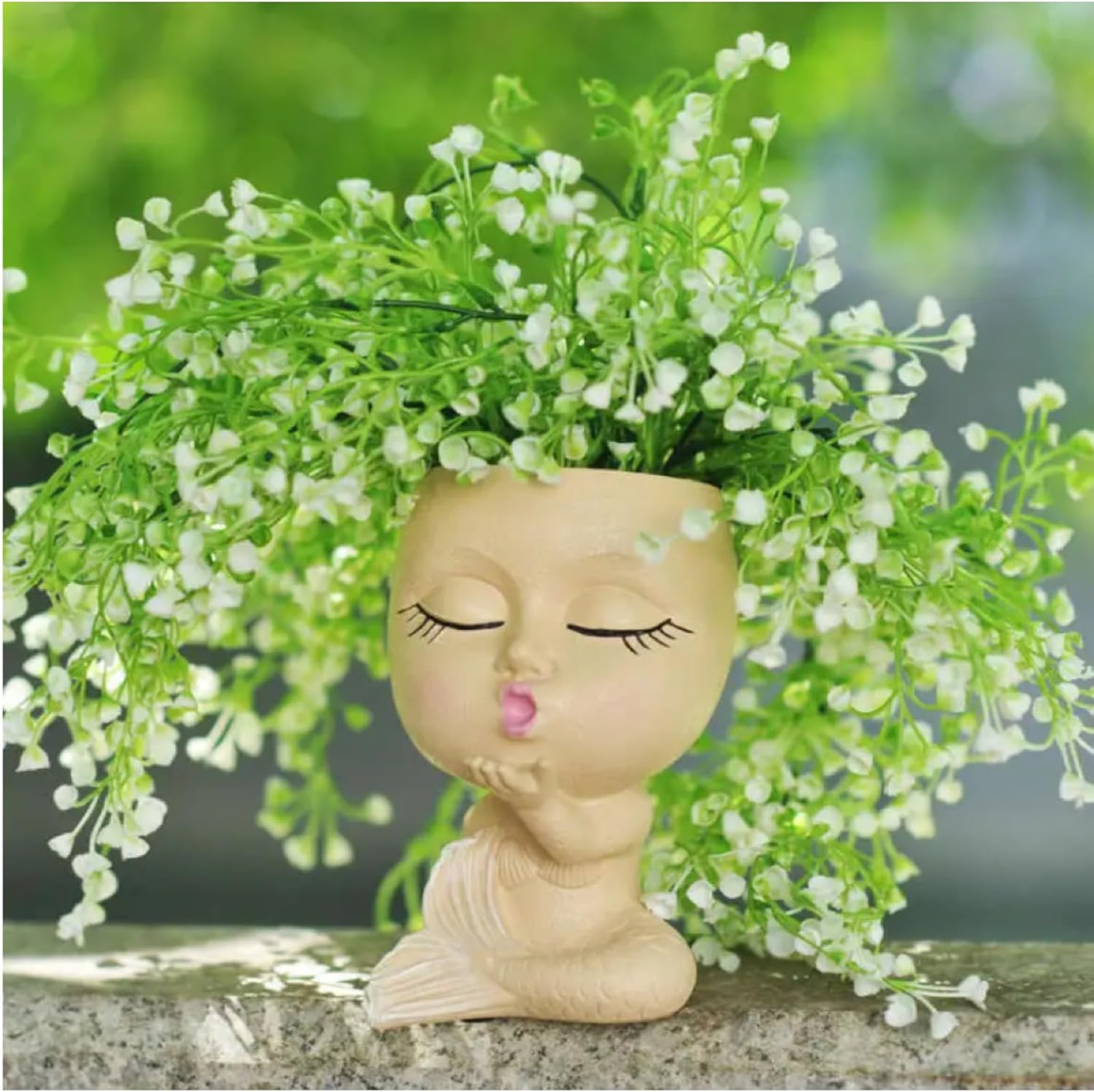 Face Planters Pots Head Kiss Girl Mermaid Statue Flower Pot Resin Head Planters for Indoor Plants Cute Vase Home Decor with Drainage Hole (Khaki)